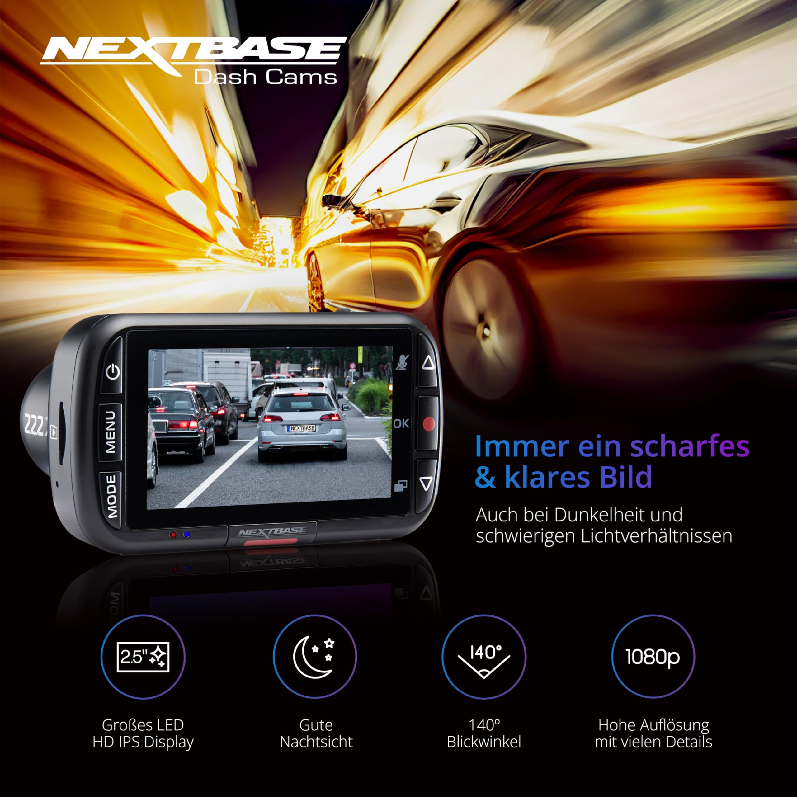 Nextbase 222 X Dashcam avant + arrière avec caméra arrière + carte SD 32 Go | 1080p Full HD | écran 2,5" | enregistrement en boucle | mode stationnement | support Click&Go |