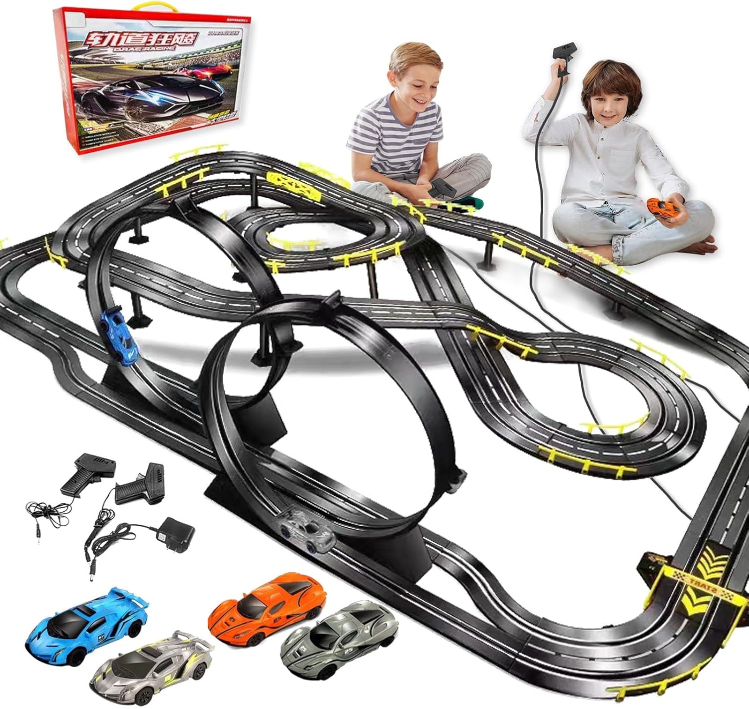 Electric Race Car Track Set with 4 Slot Cars 143, 2 Electric