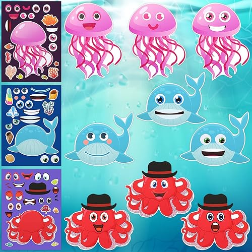 Miniatura 5 de 36 hojas de calcomanías para hacer una cara para niños, calcomanías de animales marinos del océano para niños, calcomanías de caras para niños de 4
