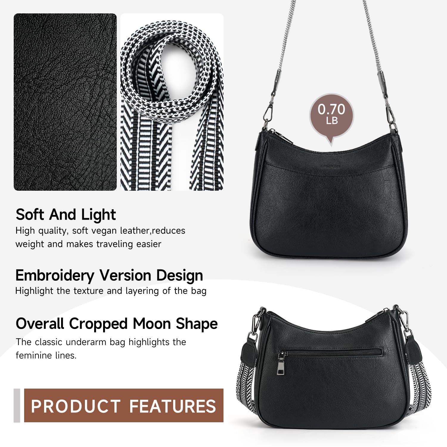 APHISON Klein Crossbody Bag mit Breitem Gurt Schultertasche Umhängetasche Damen veganem Leder schwarz Handtasche Tasche mit Abnehmbarem Schultergurt Kartenschlitz Reisetasche