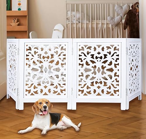 Miniatura 9 de Puerta independiente para perros, puerta plegable de madera para mascotas de 4 paneles para interiores, 72 pulgadas de ancho x 24 pulgadas de alto,