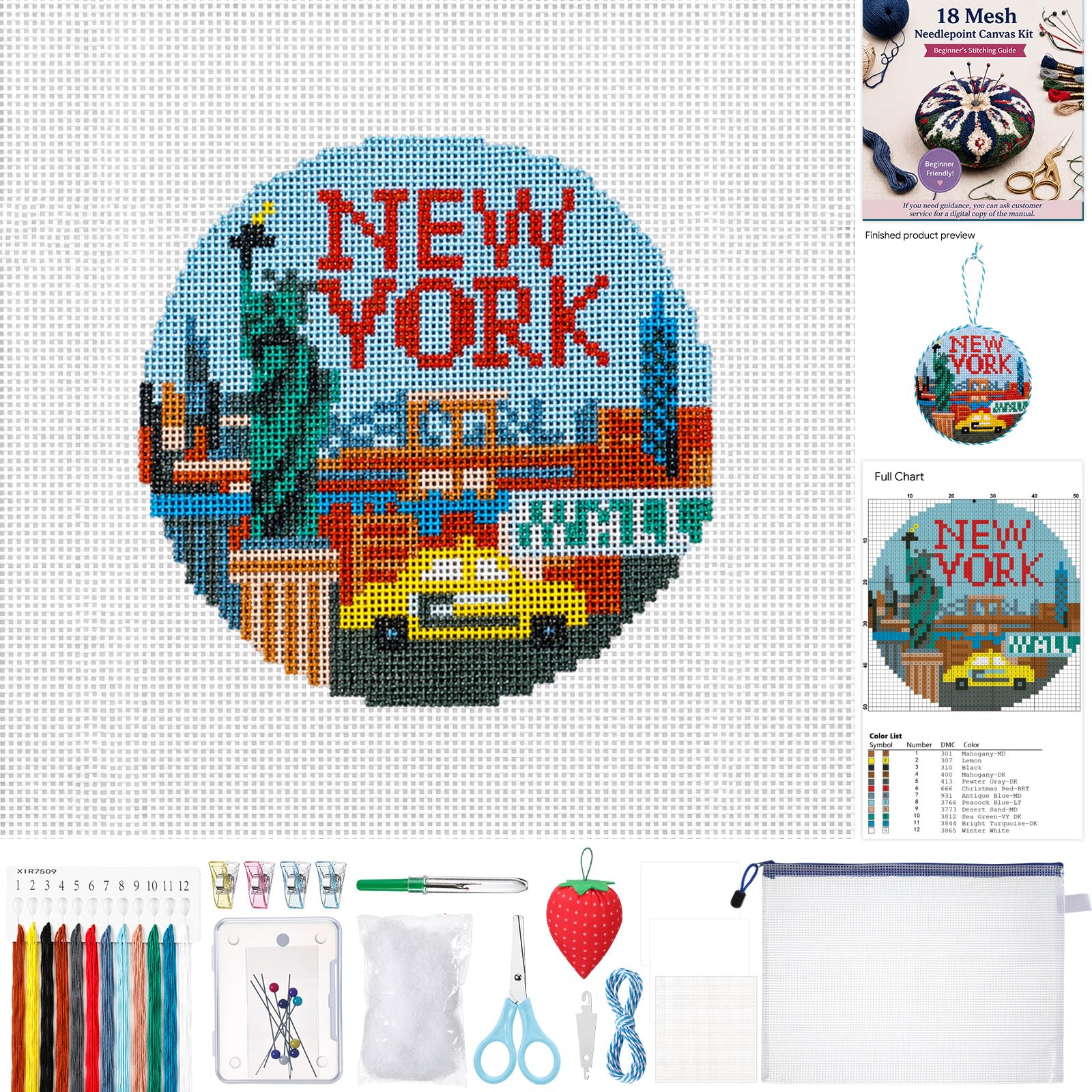 Rivvlive 26 Pcs New York 18 Mesh Needlepoint Canvas Kit Beginner