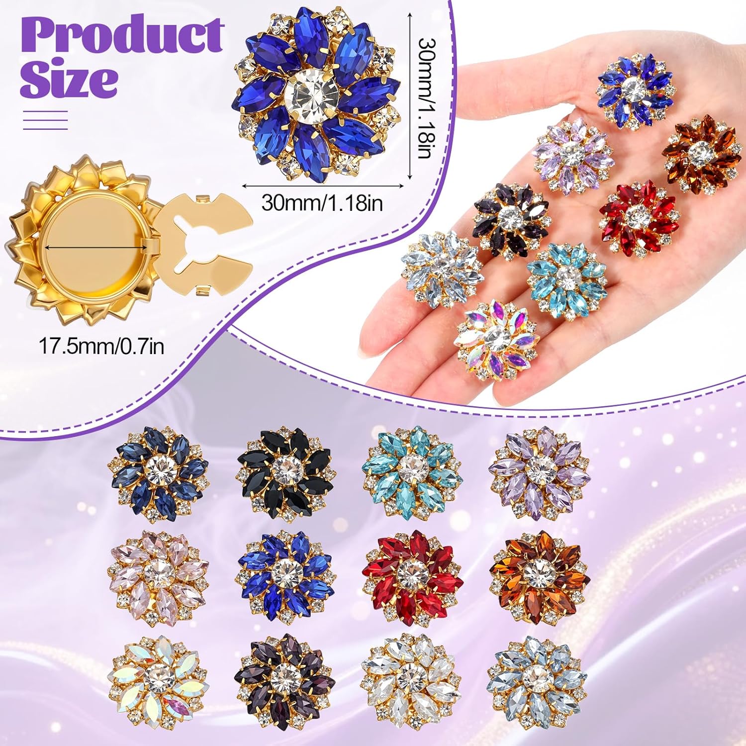 12 Pcs Rhinestone Button Covers for Women Blouses, Colorful Crystal Button Detachable Jewelry ClipsSewing Buttons for Women Men Shirts DIY Clothing Decorative