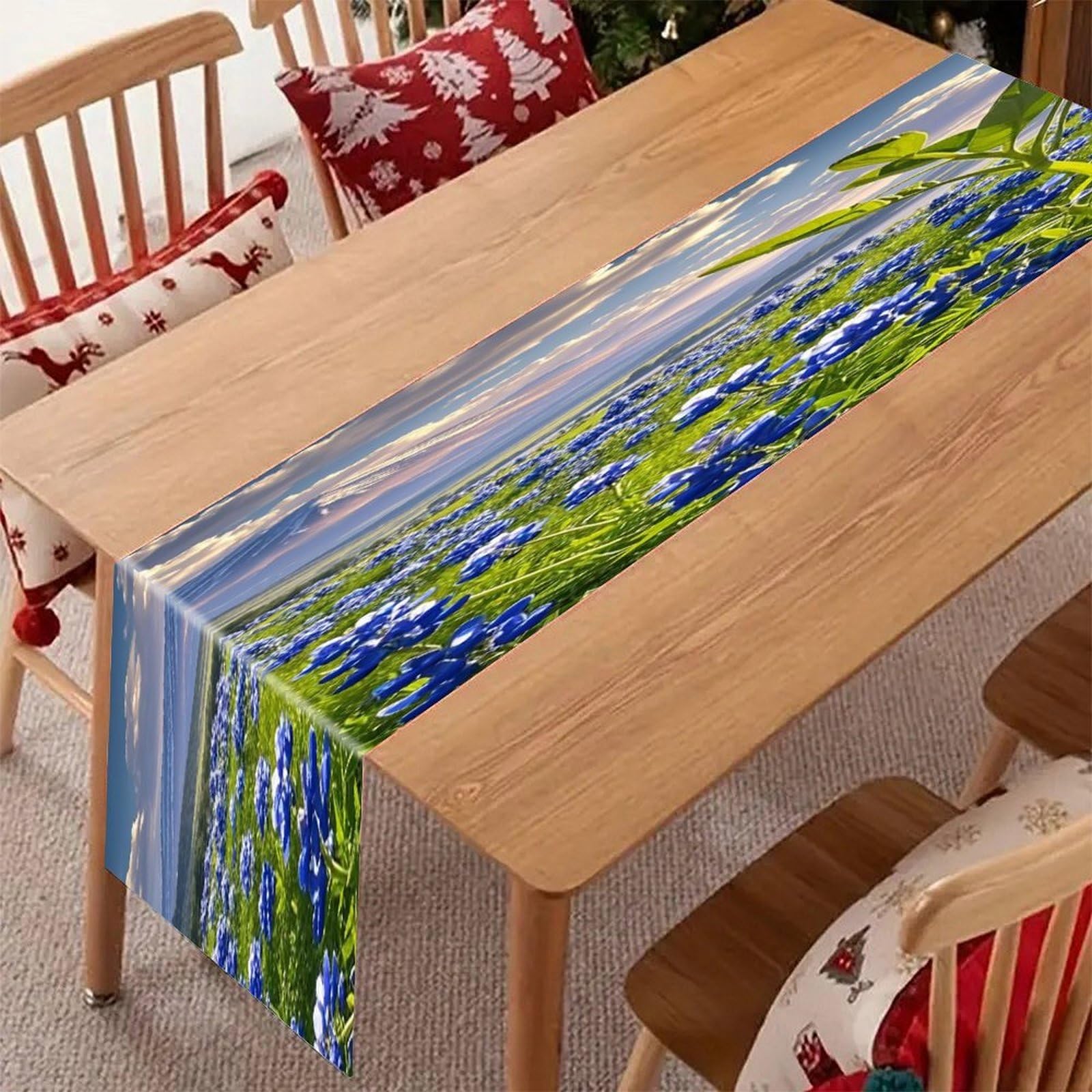 Bluebonnets Scenery Table Runner Modern Art Farmhouse Linen Table Runner Dresser Scarf Seasonal Kitchen Dining Table Decoration Dresser Scarves for Home Party Decor 13x70 Inch
