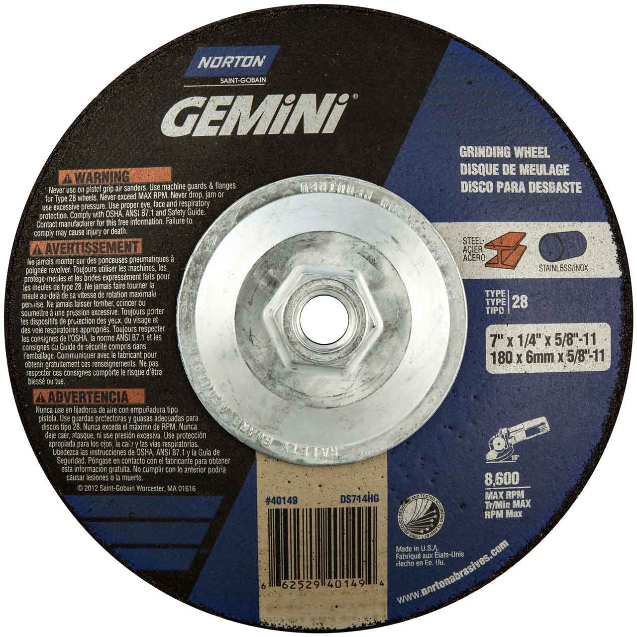 Norton Gemini Saucer Depressed Center Abrasive Wheel, Type 28, Aluminum Oxide, 5/8"-11 Hub, 7" Diameter x 1/4" Thickness (Pack of 10)