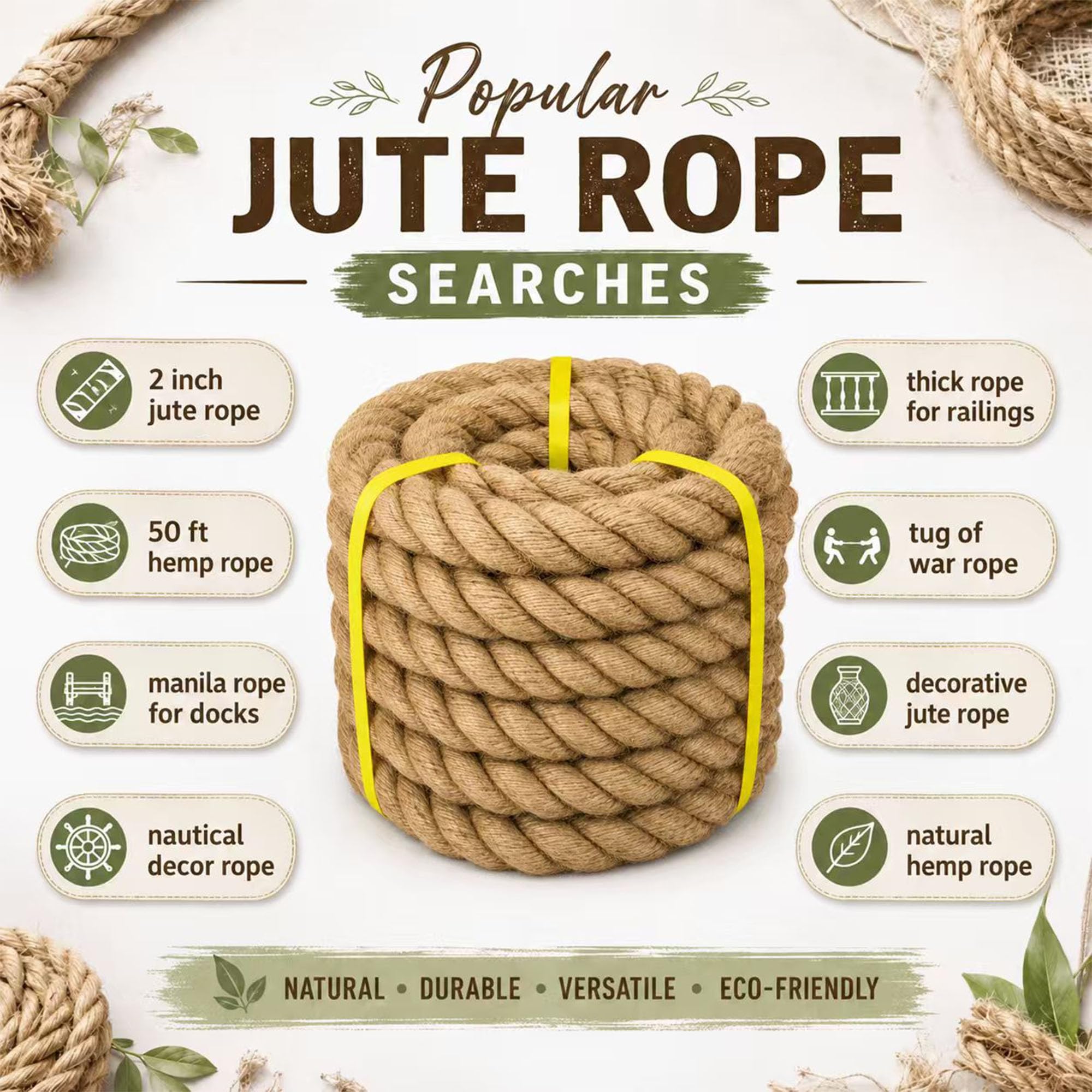 Cuerda gruesa de cáñamo – 1.5 x 150 pies – Cuerda de manila trenzada – Cuerda de yute natural para hamacas, muelles, náuticos, barandillas, decoración