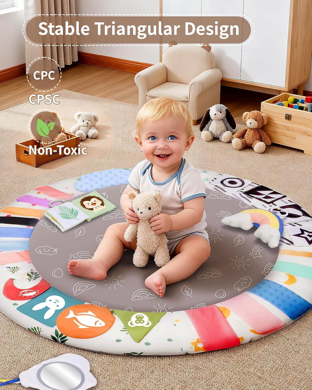 Baby Play Gym Activity Mat, WOOD CITY Tummy Time Play Mat for Babies 0-6 Months with 6 Detachable Newborn Infant Toys, Promote Motor Skills & Sensory Development Baby Essentials Gift
