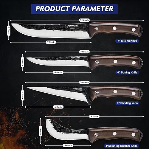 Miniatura 6 de Juego de 4 cuchillos de carnicero forjados a mano, cuchillo de cortar, cuchillo de deshuesar, cuchillo divisor, cuchillo de carnicero para desollar,