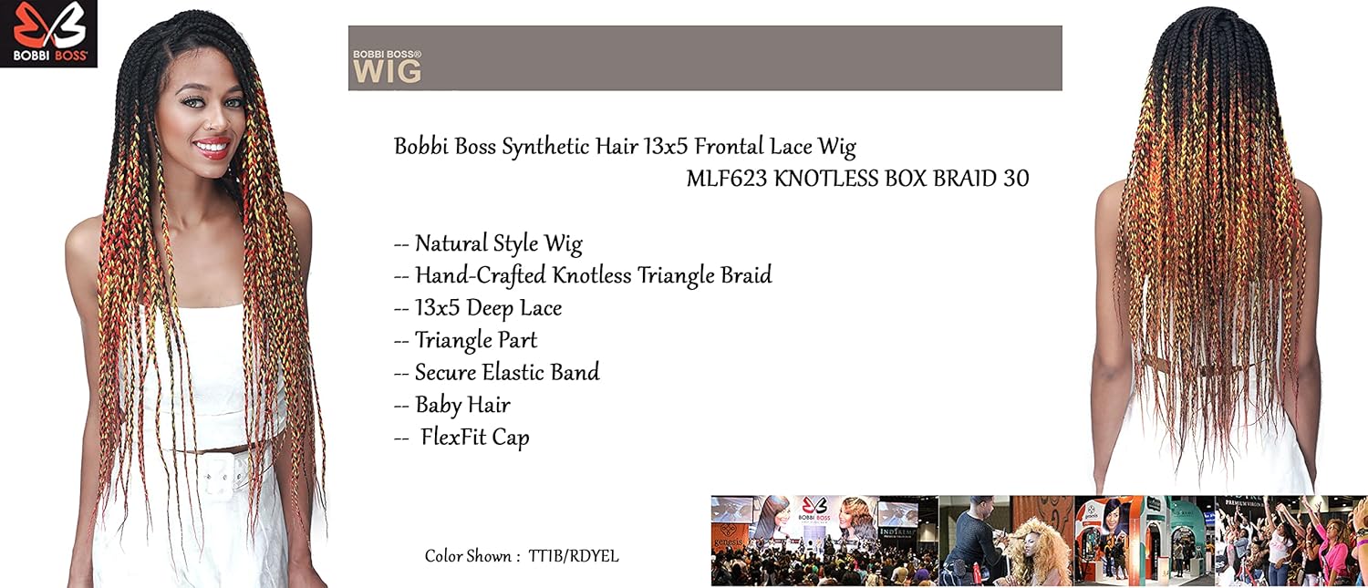 BOBBI BOSS Synthetic Hair 13x5 Frontal Lace Wig - MLF623 KNOTLESS BOX BRAID 30, Natural Style Wig, Hand-Crafted Knotless Triangle Braid (1B)