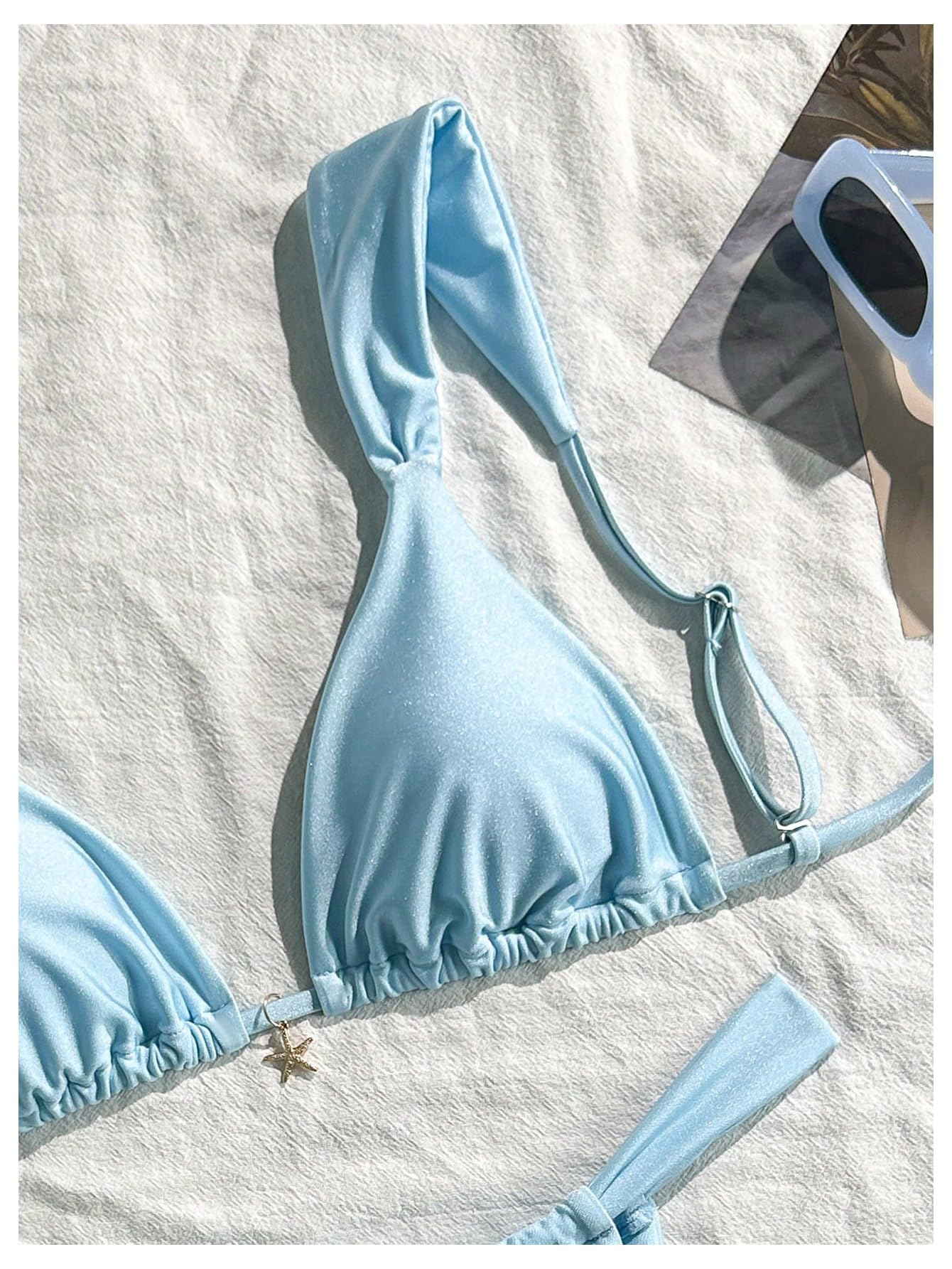 Damski Dwuczęściowy Zestaw Bikini Trójkątne Stringi Brazylijski Strój Kąpielowy Niebieski Średni