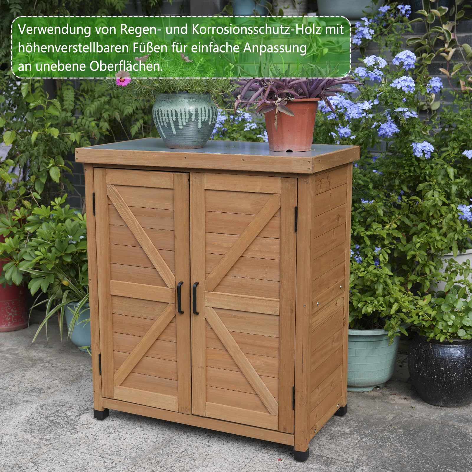 Outdoor Gartenschrank aus Holz, 80 x 45 x 93 cm, Grau, Wasserfest, Höhenverstellbare Füße, 2 Türen, 2 Einlegeböden (Orange)
