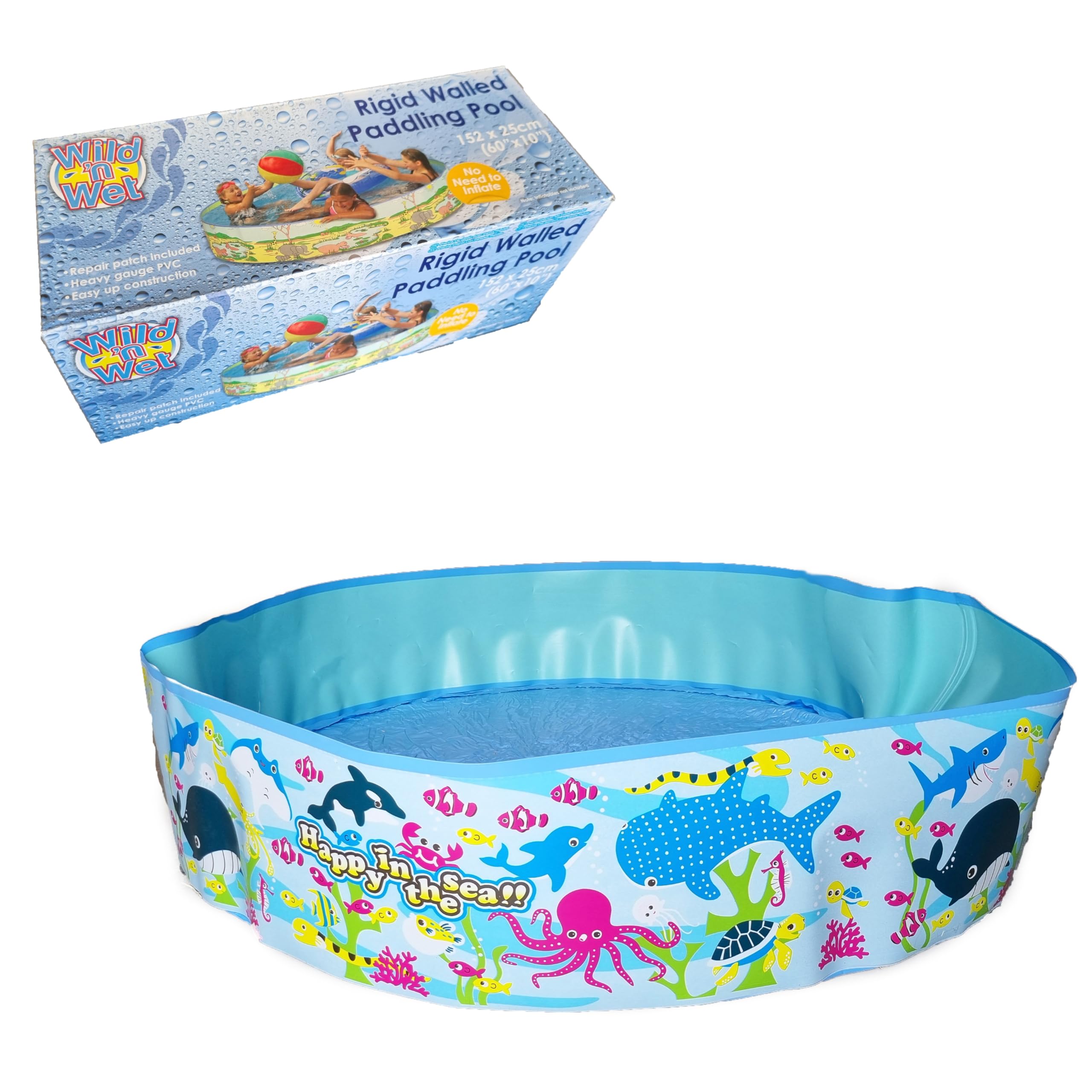 Rigid Wall Paddling Pool, 1.2m or 1.5m, No Inflation Required, Garden Swimming Pool for Kids and Pets, Sea Life Design (5 Ft)