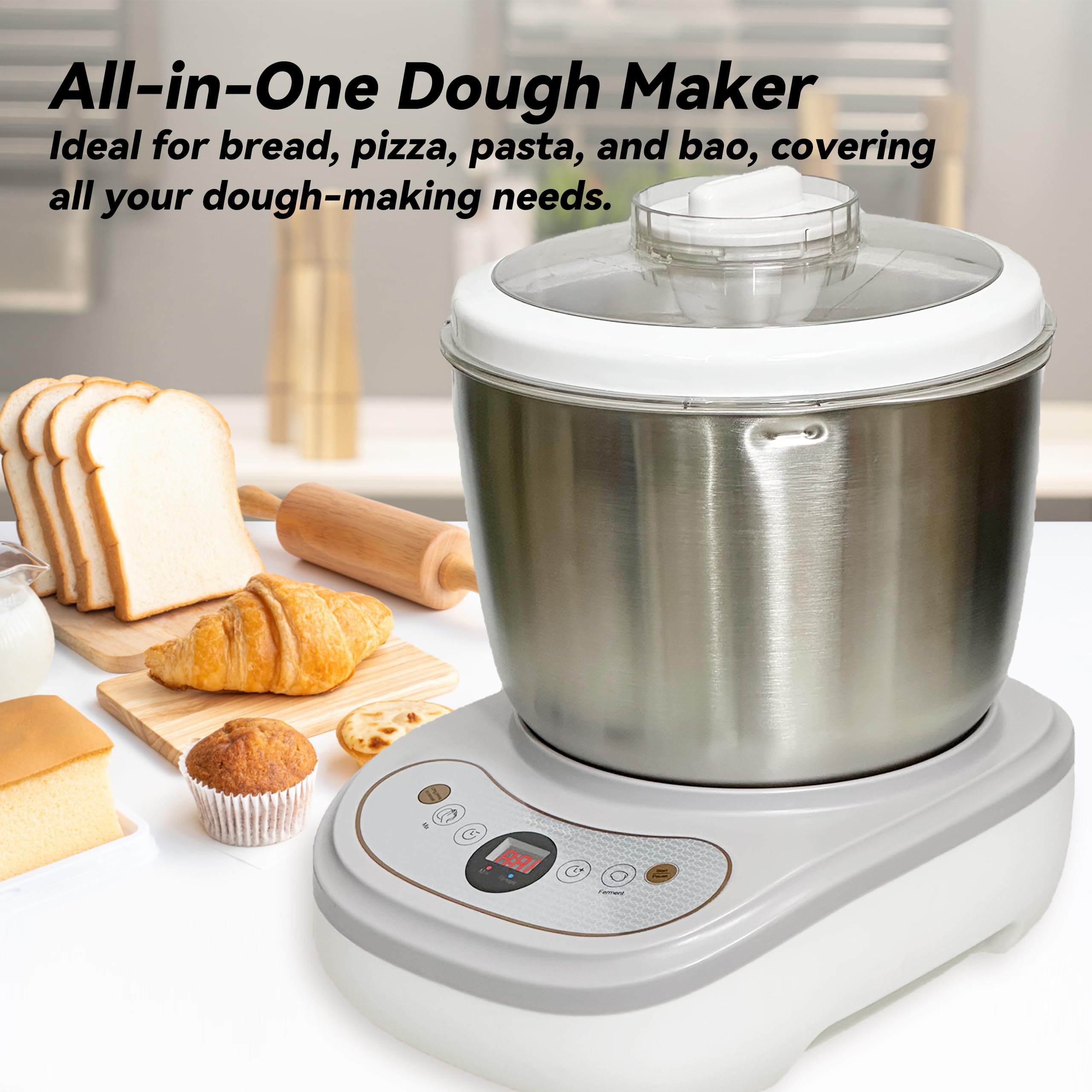Dough Mixer with Ferment Function,Dough Maker with 6.6Qt Large Capacity,Household Bread Mixer for Pizza, Roti, Dumplings, and Sourdough Kneading Machine with Stainless Steel Bowl, Face-up Touch Panel