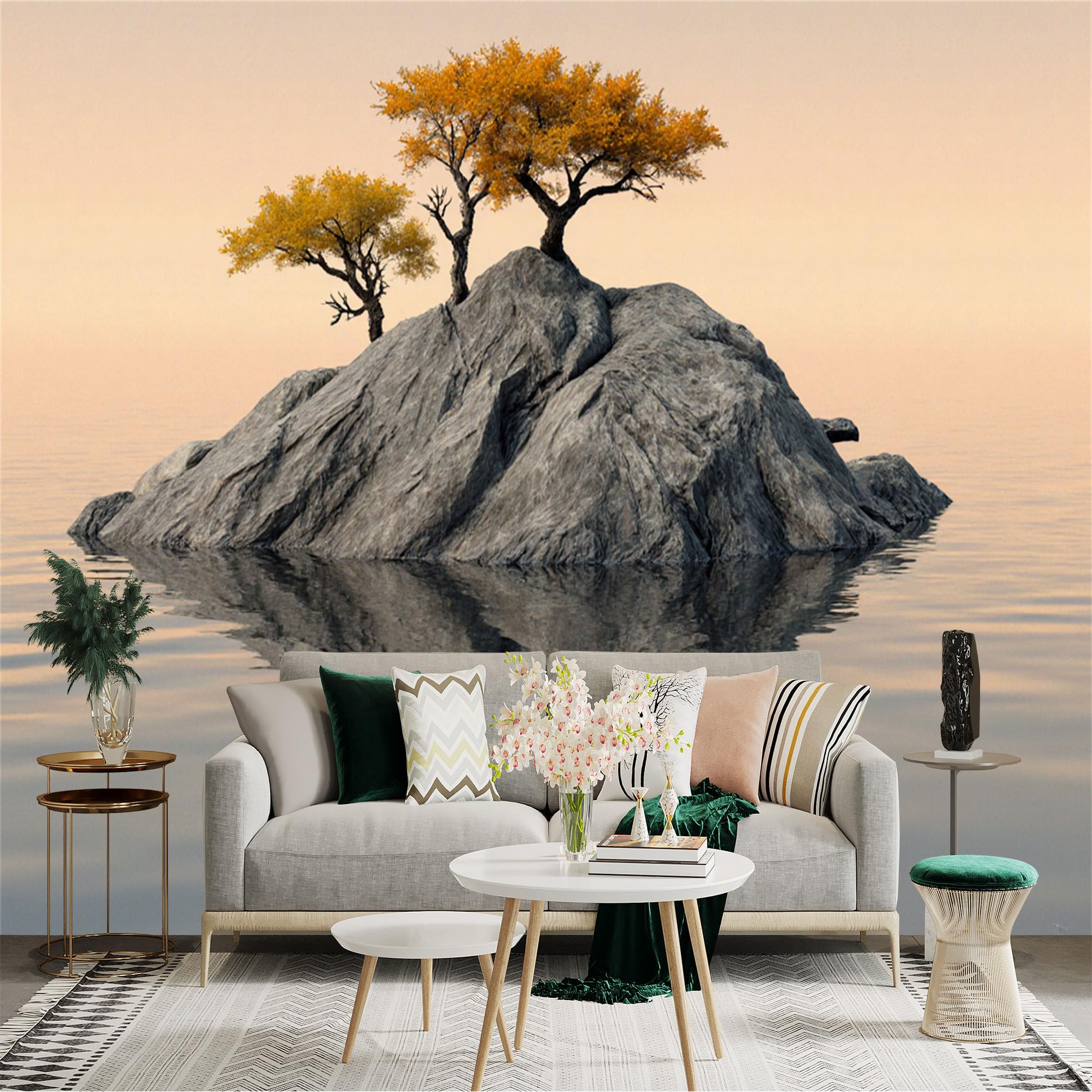 Lnzczhyre Xc260505700 Custom Size Wall Sticker Mural， Golden Autumn Trees On Rocky Island， Calm Lake Reflection， Minimalist Nature Landscape， For Wall Decoration， Peelandstick Wall Decals.