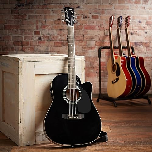 Miniatura 7 de Jameson Guitars Guitarra eléctrica acústica delgada de tamaño completo con funda para concierto y púas color marrón para diestros