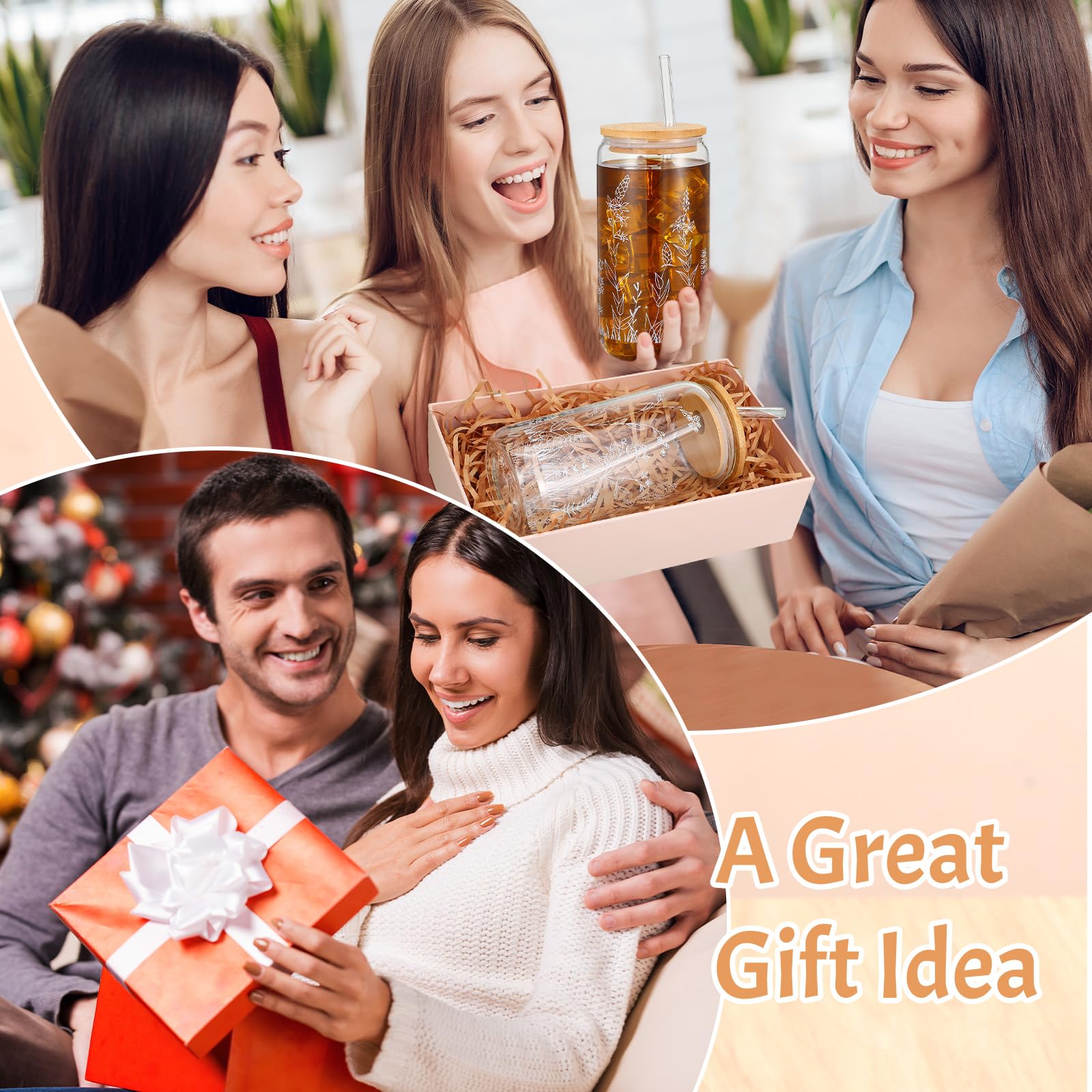 Bokon 6 Pcs Floral Iced Coffee Cup 16 oz Iced Coffee Glasses with Bamboo Lids and Straws Wildflower Glass Coffee Tumbler Drinking Jars with 2 Cleaning Brushes, Birthday Gifts for Women and Girls