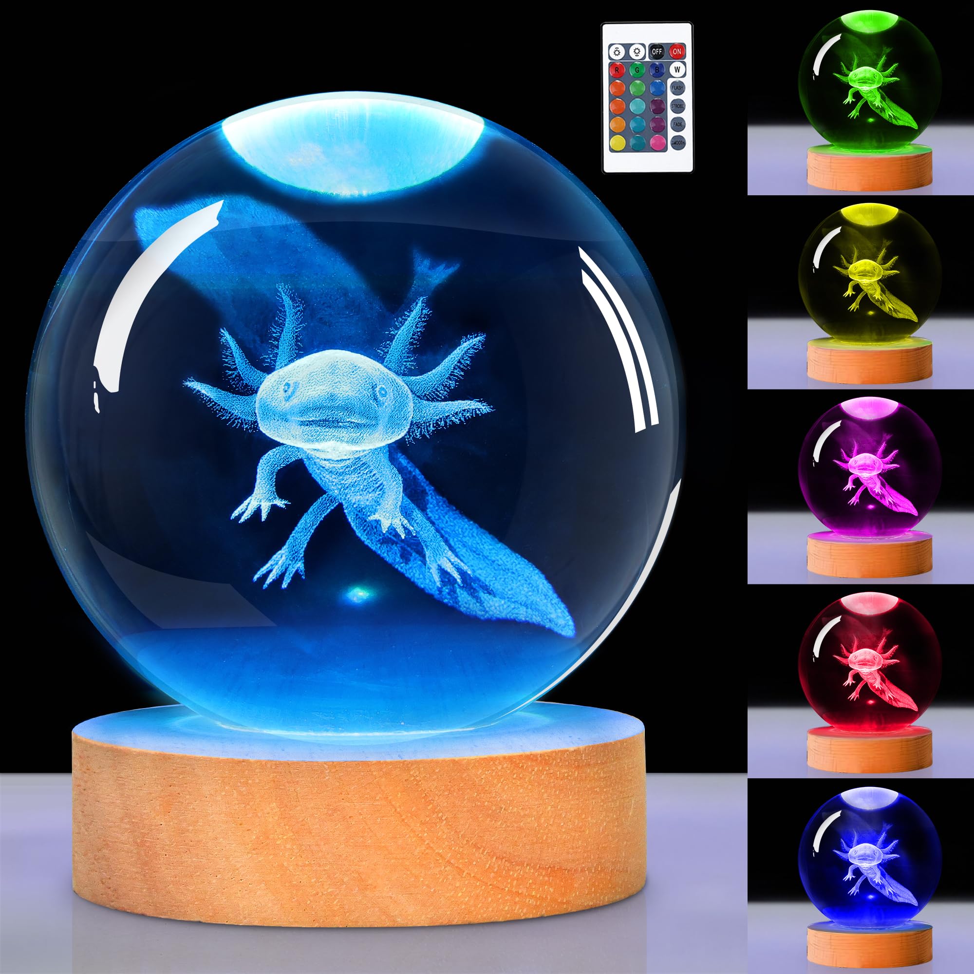 OkiyiD 3D Axolotl Kristallkugel Nachtlicht Mit Fernbedienung, Glaskugellampen für Freund Geburtstag Urlaub, Cool Spielzeug Deko Geschenke für Jungen Mädchen Kinder