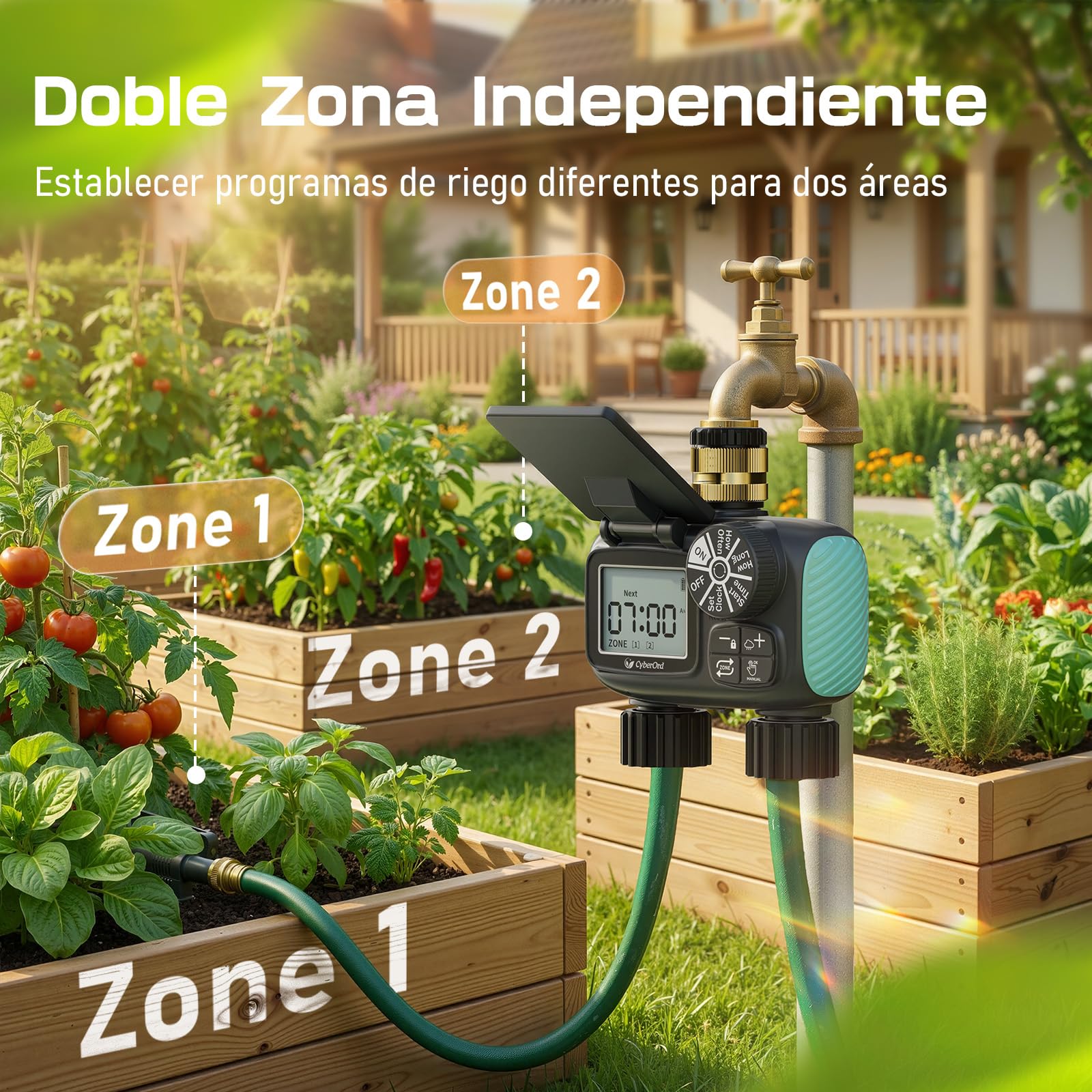 Programador de Riego Solar CyberOrd de 2 Zonas, Temporizador de Riego con Carga Solar, Sistema de Riego Automático con Modos Automático/Manual/Retraso por Lluvia para Césped/Ppatio/Jardín