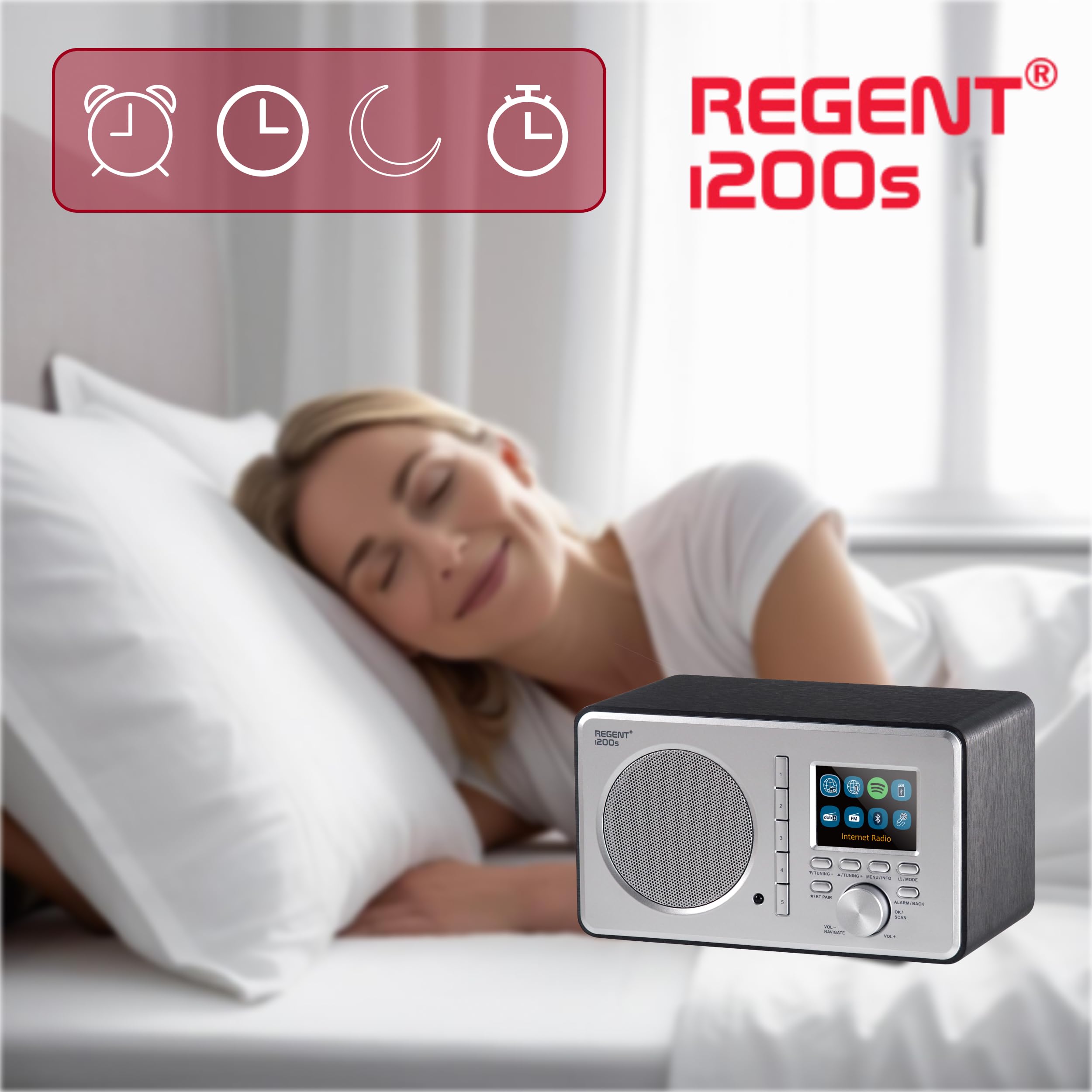 Ferguson Regent i200s Radio Internet Wi-Fi avec Bluetooth, radio FM/DAB/DAB+ FM, Spotify Connect, radio-réveil, égaliseur, écran couleur, USB, AUX-IN, mise en veille, contrôle par application