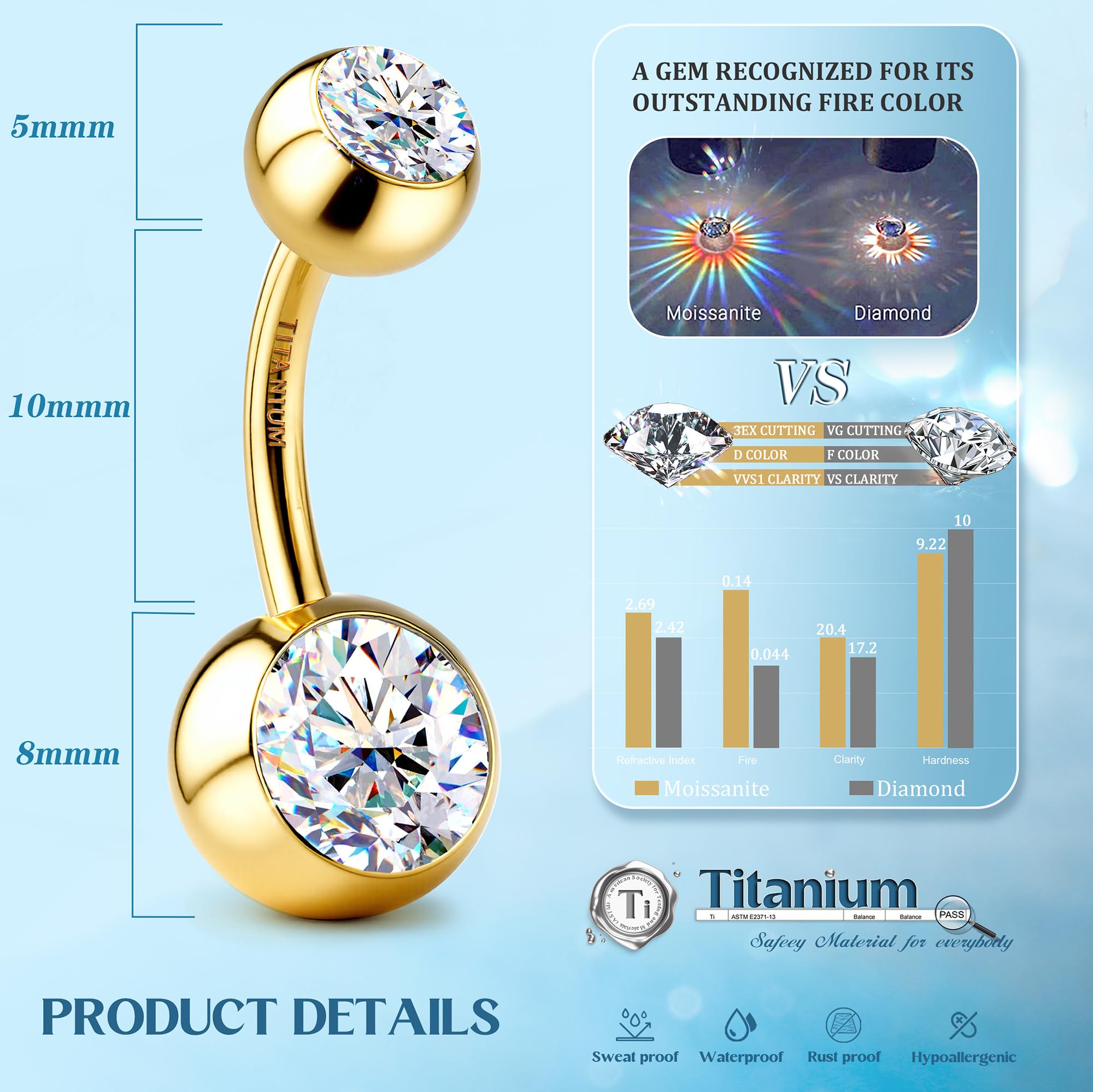 Sllaiss Piercing Ombligo Titanio G23 con Moissanita Brillante Calibre 14G y 10mm Piercings de Ombligo Mujer con Rosca Interna Hipoalergénico Joyería Corporal de Titanio Grado Implante Plata/Oro