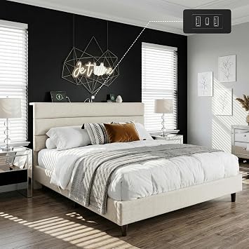 EnHomee Queen Bed Frame with Upholstered Headboard Shelf & Charging Station