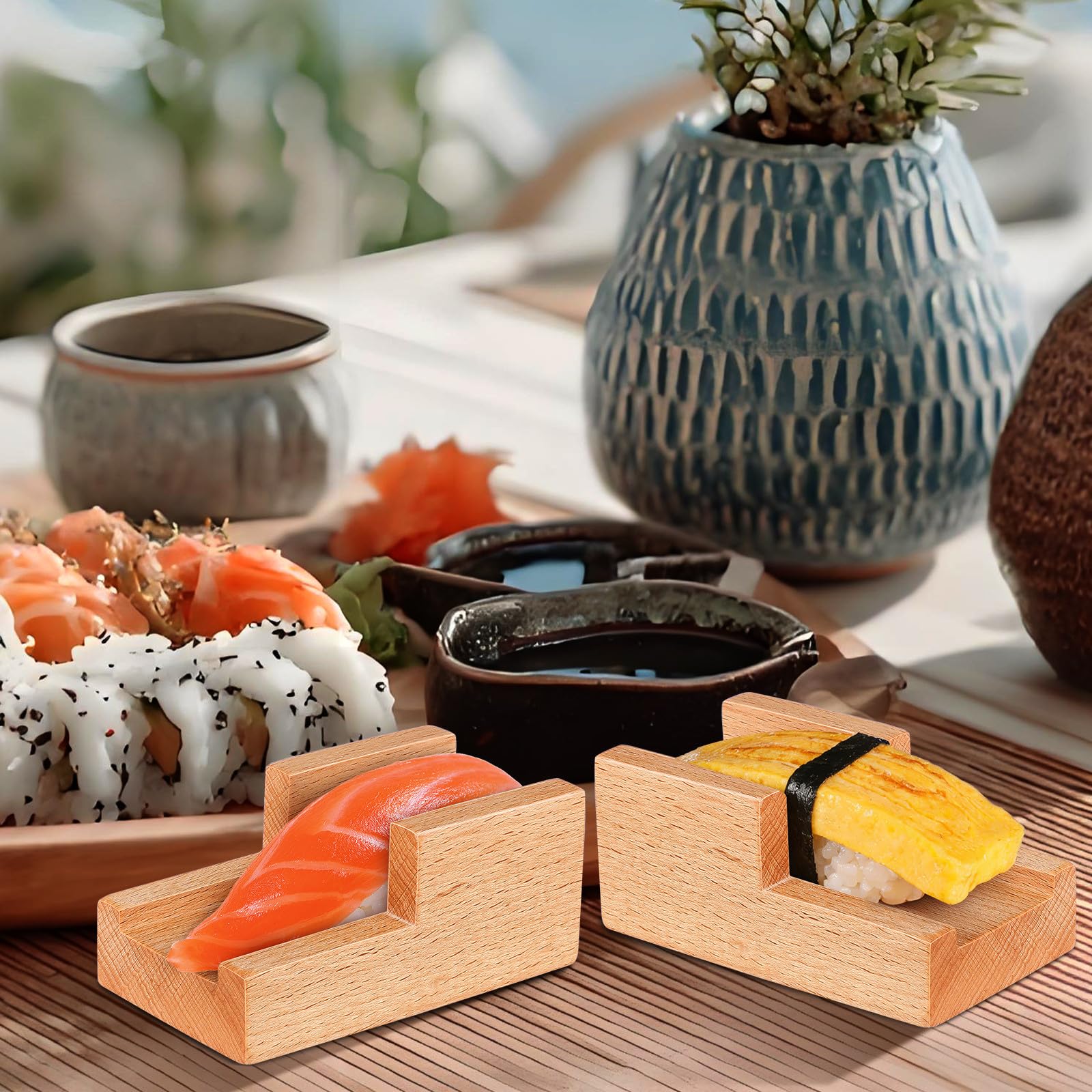 Gatuida Lot de 5 Supports à Sushis en Bois, à Fentes Plates, Style Japonais, pour La Maison, Les Restaurants Et Les Fêtes. Plateau de Service, Assiette à Sashimi, Présentoir à Aliments.