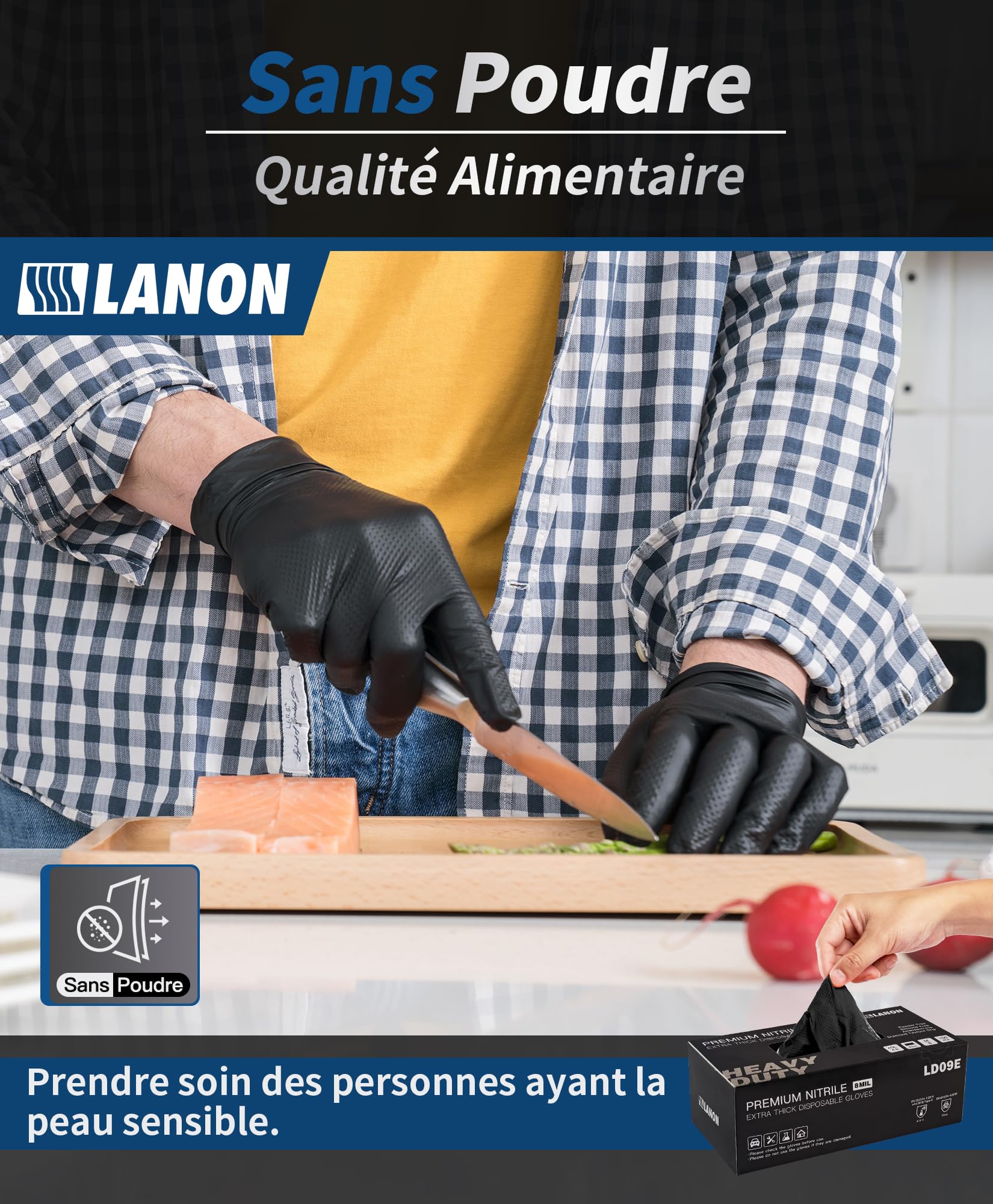 LANON 8 Mil Gants Nitrile Noir, Gants Jetables Extra Forts avec Structure Diamant, Gants Mecanicien, Alimentaire, Sans Poudre, Sans Latex, Taille S(100 Gants)