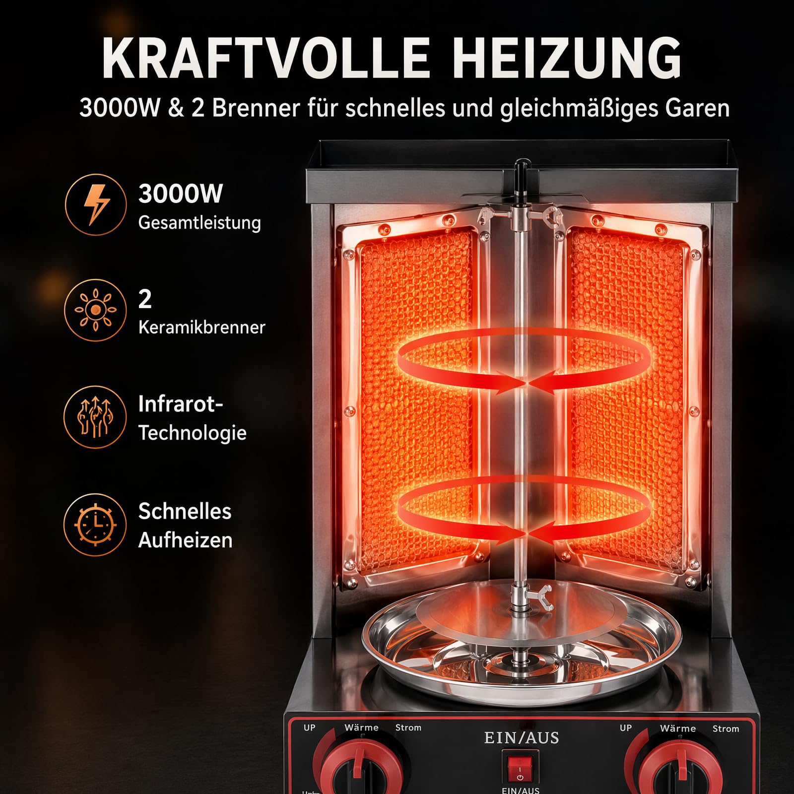 Grill gazowy do kebaba, 3000 W, 2 palniki, grill do domu, grill do szaszłyków, rotisser, grill gazowy, do steków, wysokowydajny grill LPG, pionowy brojler, elektryczny grill stołowy