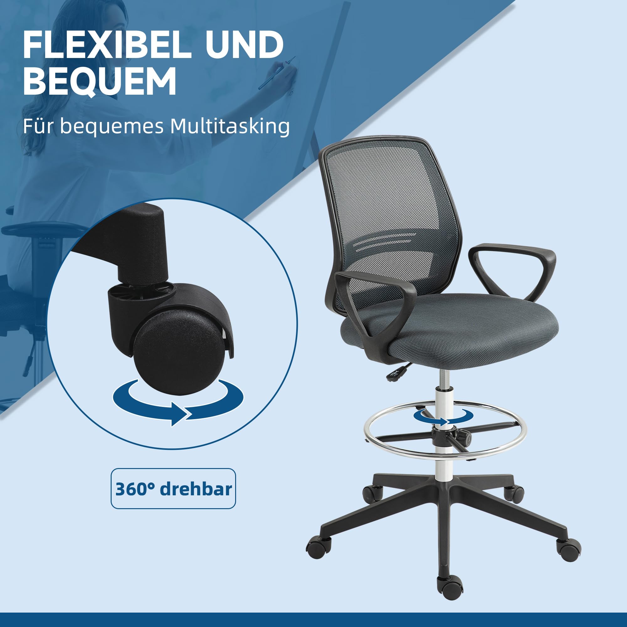 Vinsetto Bürostuhl Ergonomischer Schreibtischstuhl mit Armlehnen Grau | Verstellbarer Fußring, Höhenverstellbarer Drehstuhl, Netzbespannung