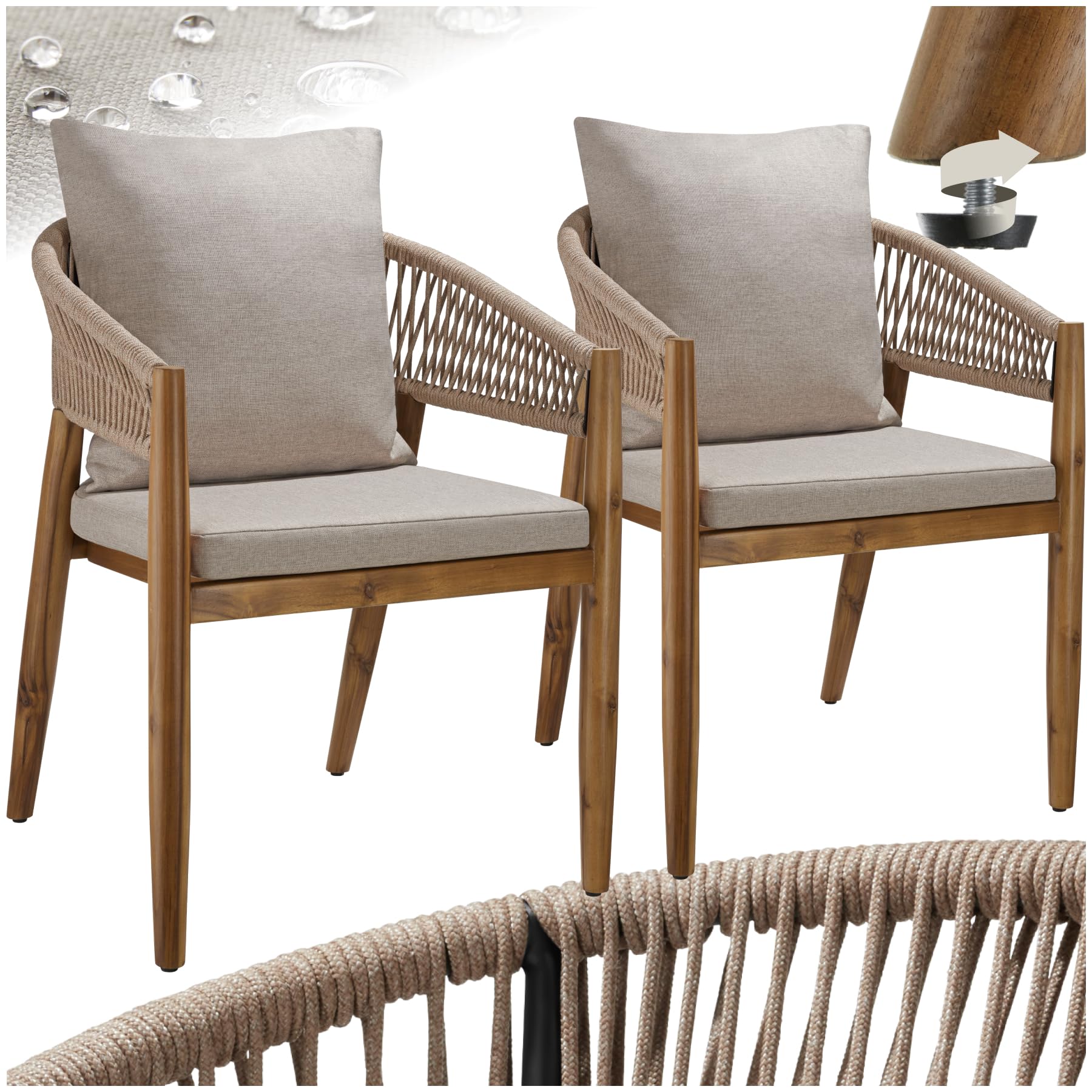 tectake® Set of 2 Garden Chairs in Varnished, Weather-Resistant Acacia Wood, Stable Armchair Set with Soft, Water-Repellent Cushions & Durable Weave, Outdoor Chairs for Garden, Patio, Balcony - Sand