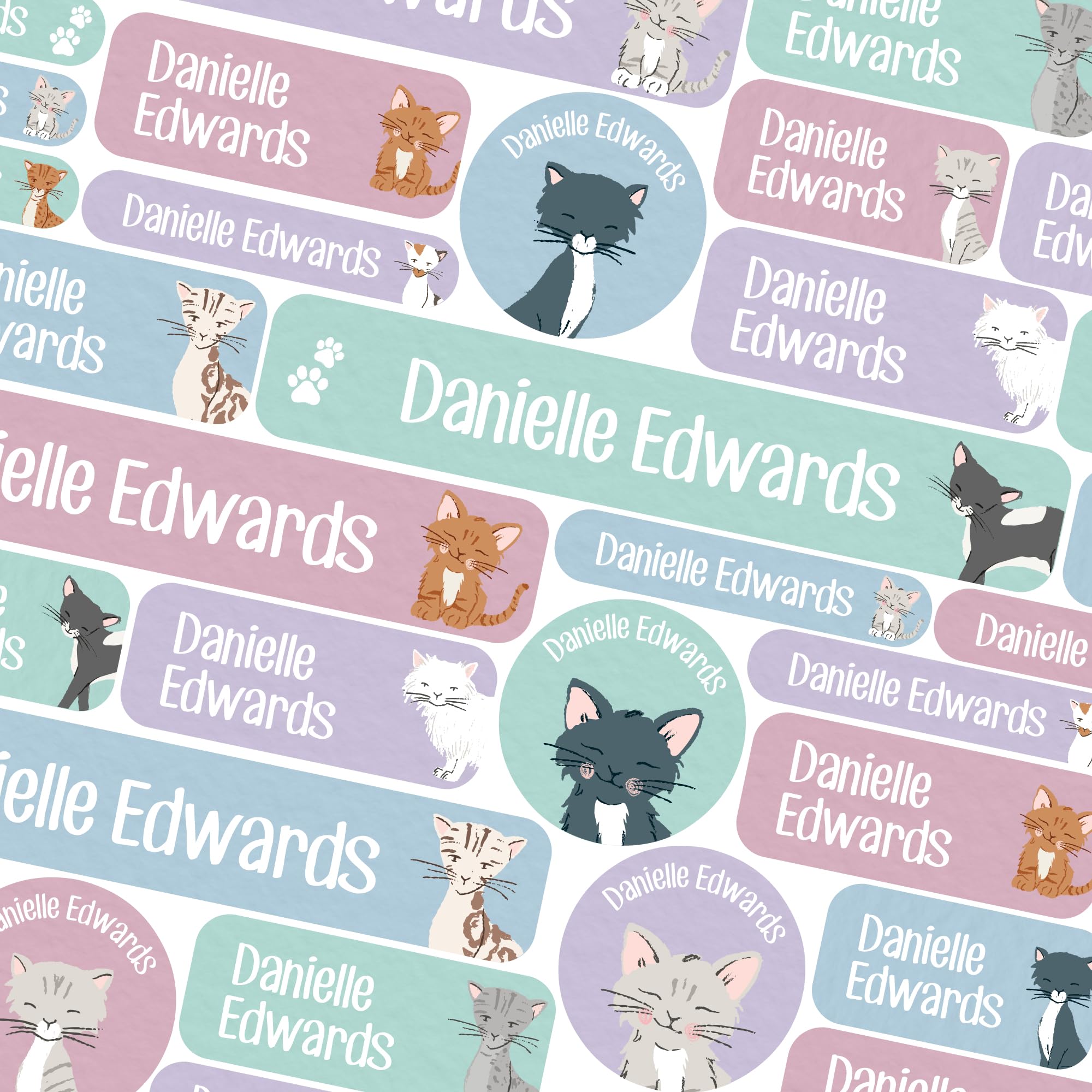 123 School Name Labels for Children No Iron Name Tags for Clothes Name Stickers for Water Bottles, Uniform, Secondary School, College, Care Homes, Washable and Dishwasher Safe (Cats)