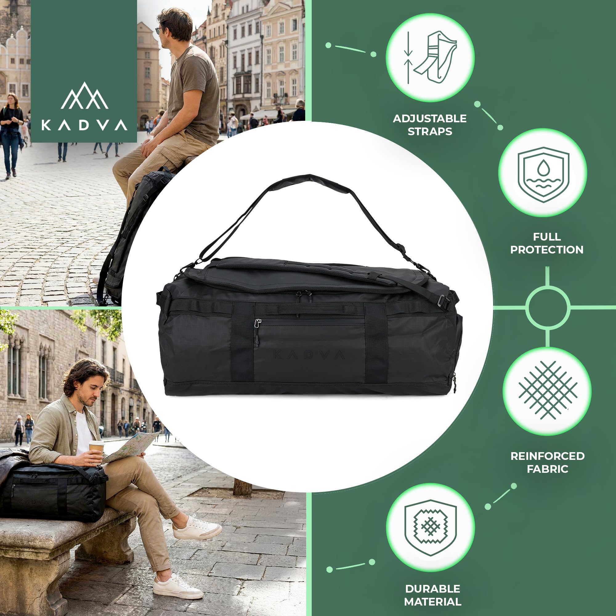 KADVA Alltaker Duffel Bag Sac de Sport et Sac à Dos 2 en 1 (40 l, 60 l, 90 l) – Sac de Voyage étanche avec Compartiment à Chaussures – Bretelles cachées – Grand Sac d'entraînement pour Homme et Femme