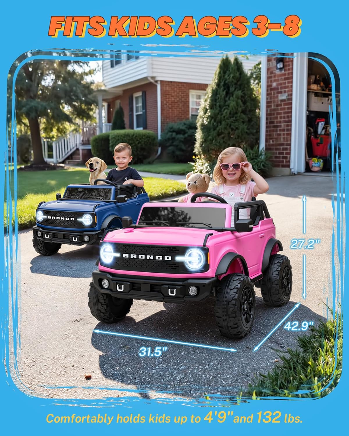 ENYOPRO 24V Licensed Ford Bronco Base Ride on Car, 2 Seater Electric Car for Kids, Ride on Toys with Remote Control, Seat Belts, LED Headlights, Bluetooth, Soft Start, Spring Suspension (Pink)