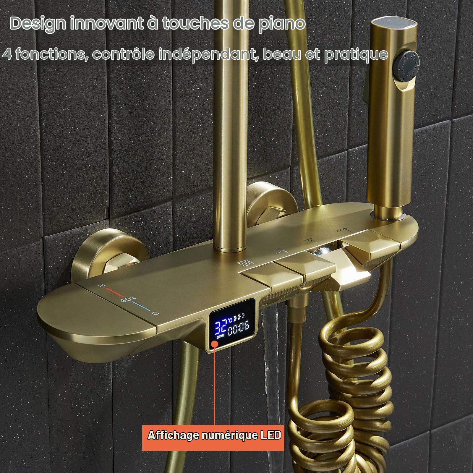 Colonne de Douche Thermostatique Dorée Brossé, 4 Touches du Piano Systèmes de Douche avec Affichage Numérique LED, 30x20cm Ensemble de Douche, avec Robinet de Bain, 59A Laiton, Réglable Hauteur