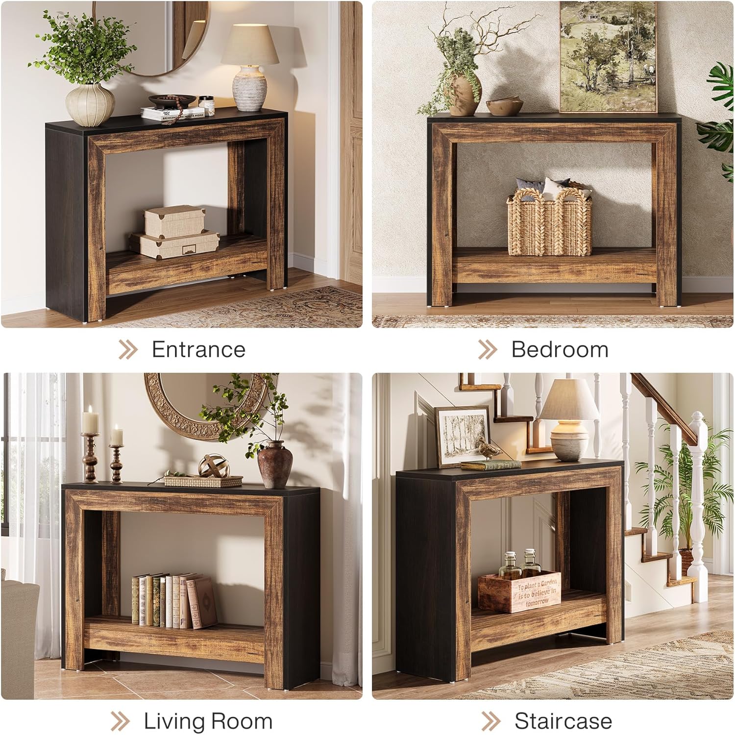 Tribesigns 41.3" Farmhouse Console Table, Behind Couch Sofa Table with Open Storage Shelves for Living Room, Hallway, Foyer, Easy Assembly, Black + Brown