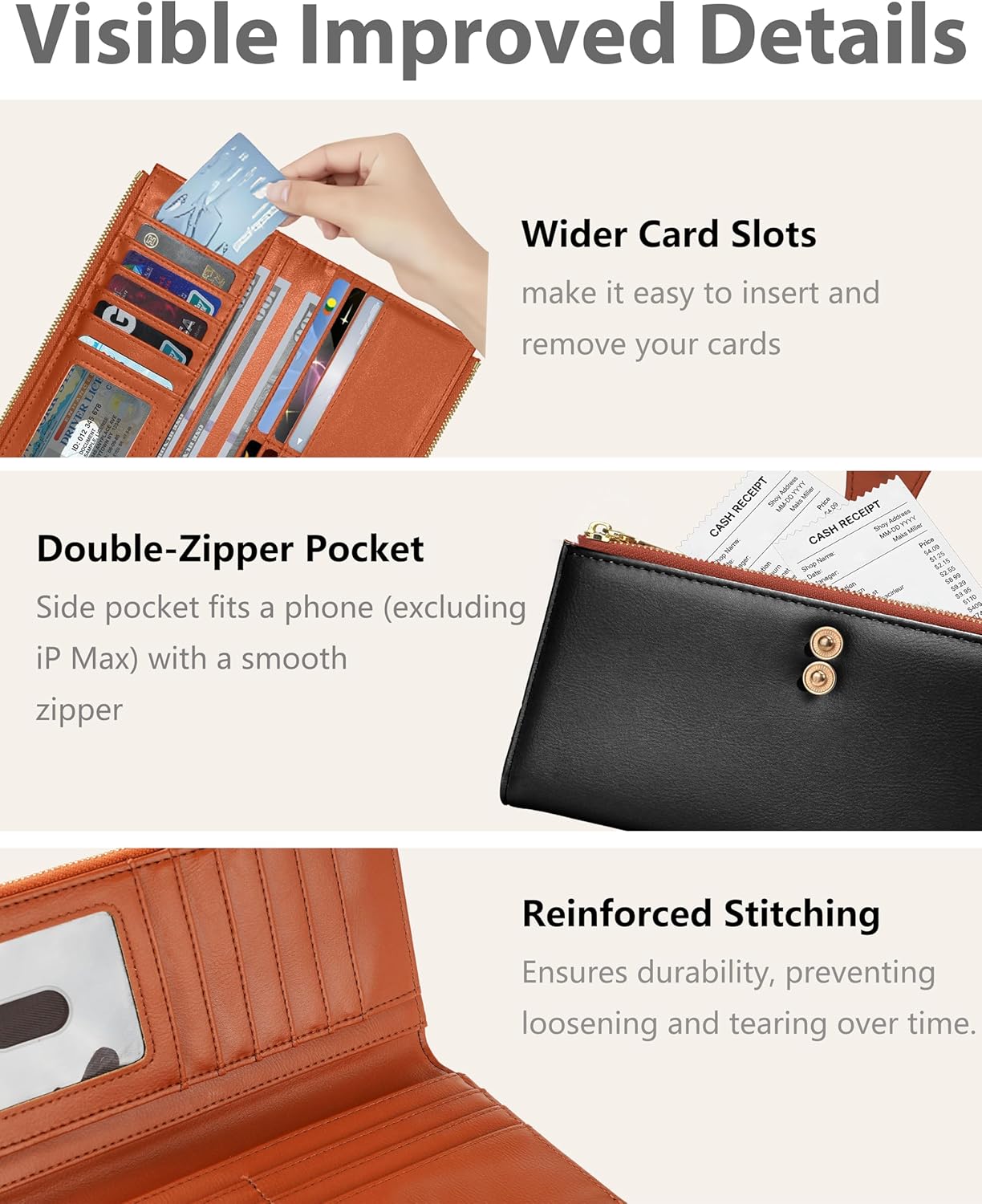 Women’s Wallet,Thin RFID Blocking Leather Wallet for Women Credit Card Holder Travel Wallet with Zipper Pocket (Dark Black＆Brown) - Image 3