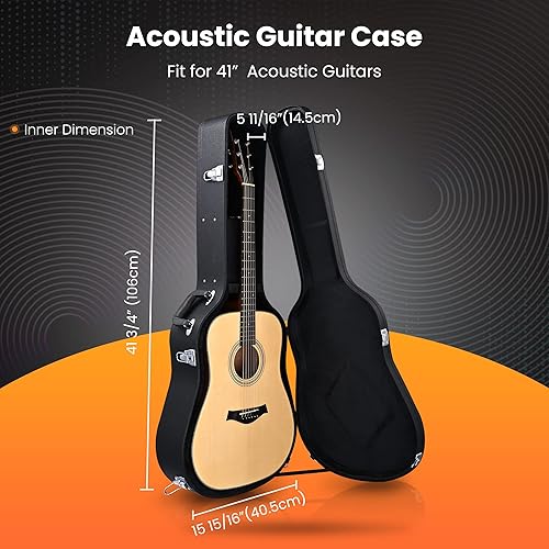 Miniatura 2 de AW Estuche rígido para guitarra acústica Dreadnought de 41 pulgadas, carcasa rígida de madera con cierre de cerradura, color negro