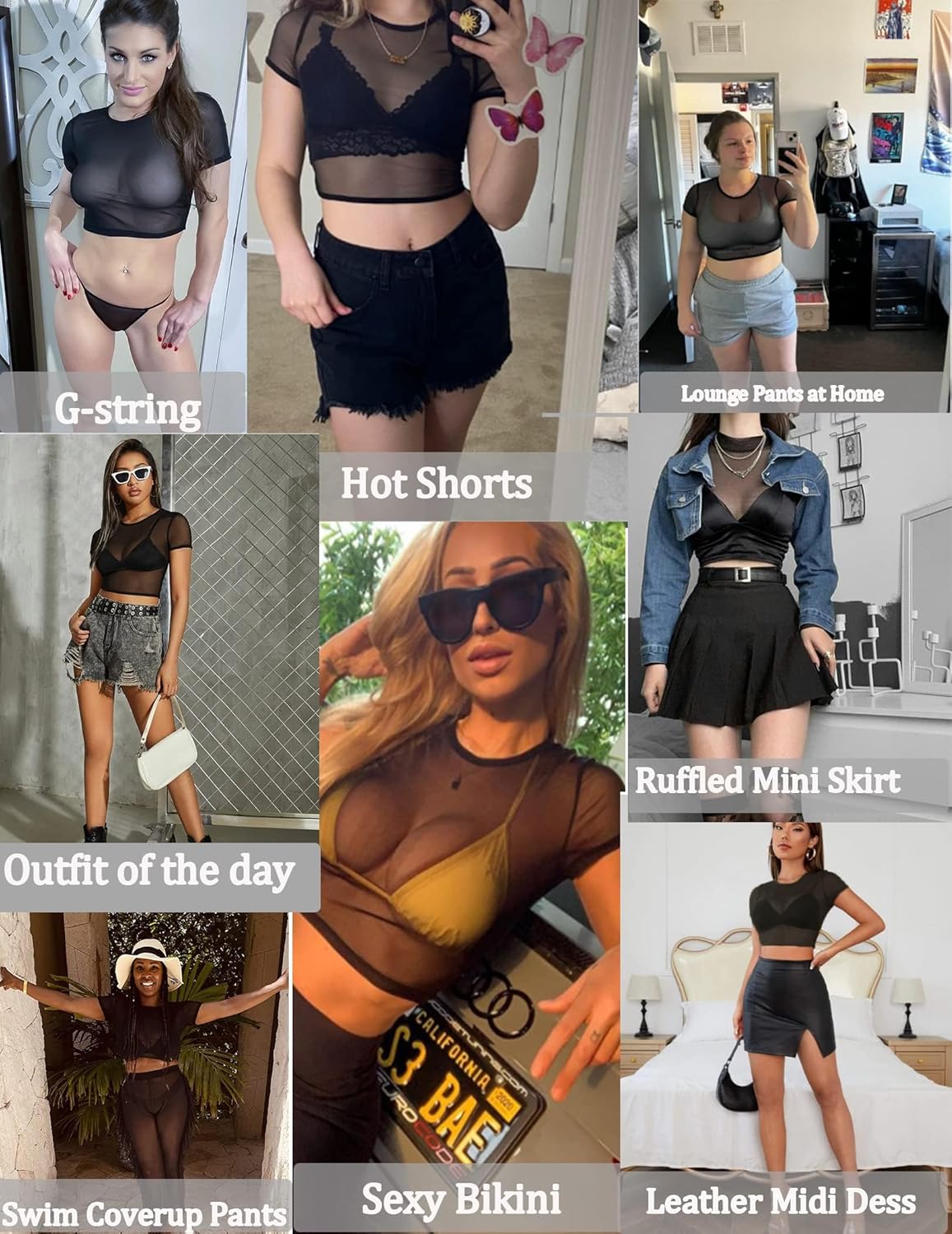 Avidlove Mesh Crop Top for Women Short Sleeve Bodycon Tees Y2k See Through Blouse O Neck Clubwear - Image 4