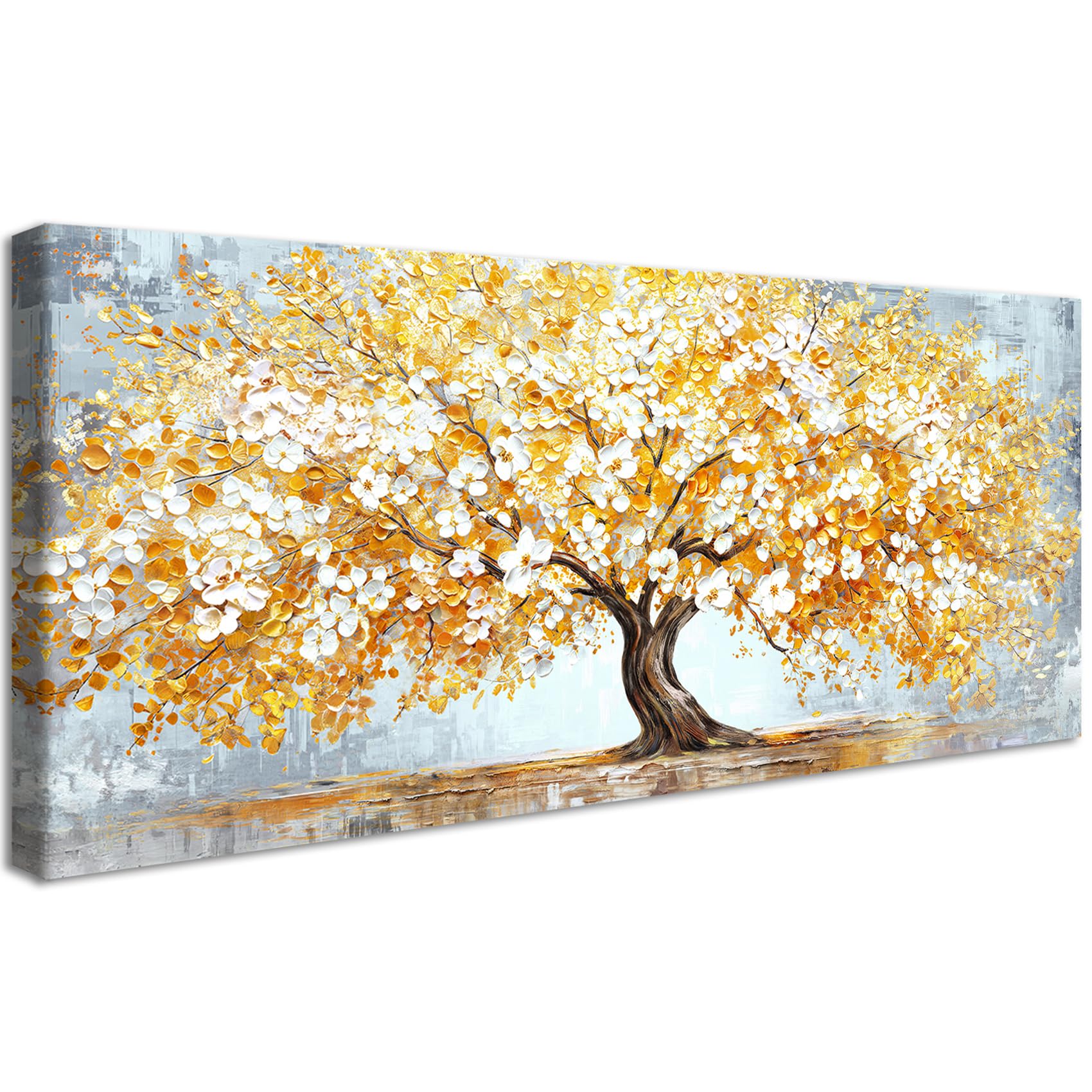 Framed Large Canvas Wall Art For Living Room Orange White Gold Flowering Tree Painting Wall Decor For Bedroom Luxurious Modern Tree of Life Picture Poster Canvas Prints Artwork Office Decor 50x120cm — image 1