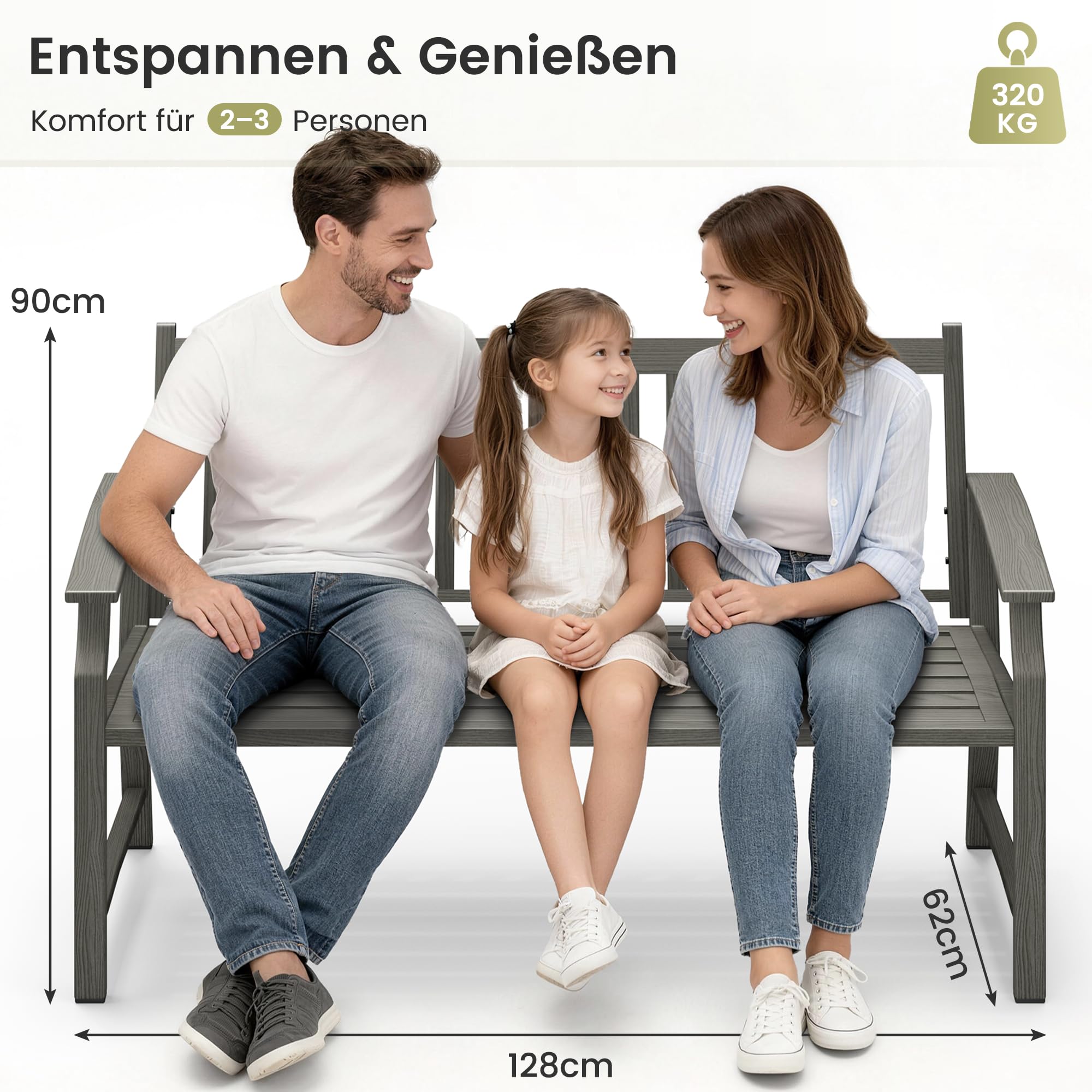 UDPATIO Gartenbank Metall in Holzoptik,Wetterfeste Sitzbank Outdoor,Bank 2–3 Sitzer für Balkon & Garten,Balkonmöbel mit Rücken & Armlehnen(Grau)