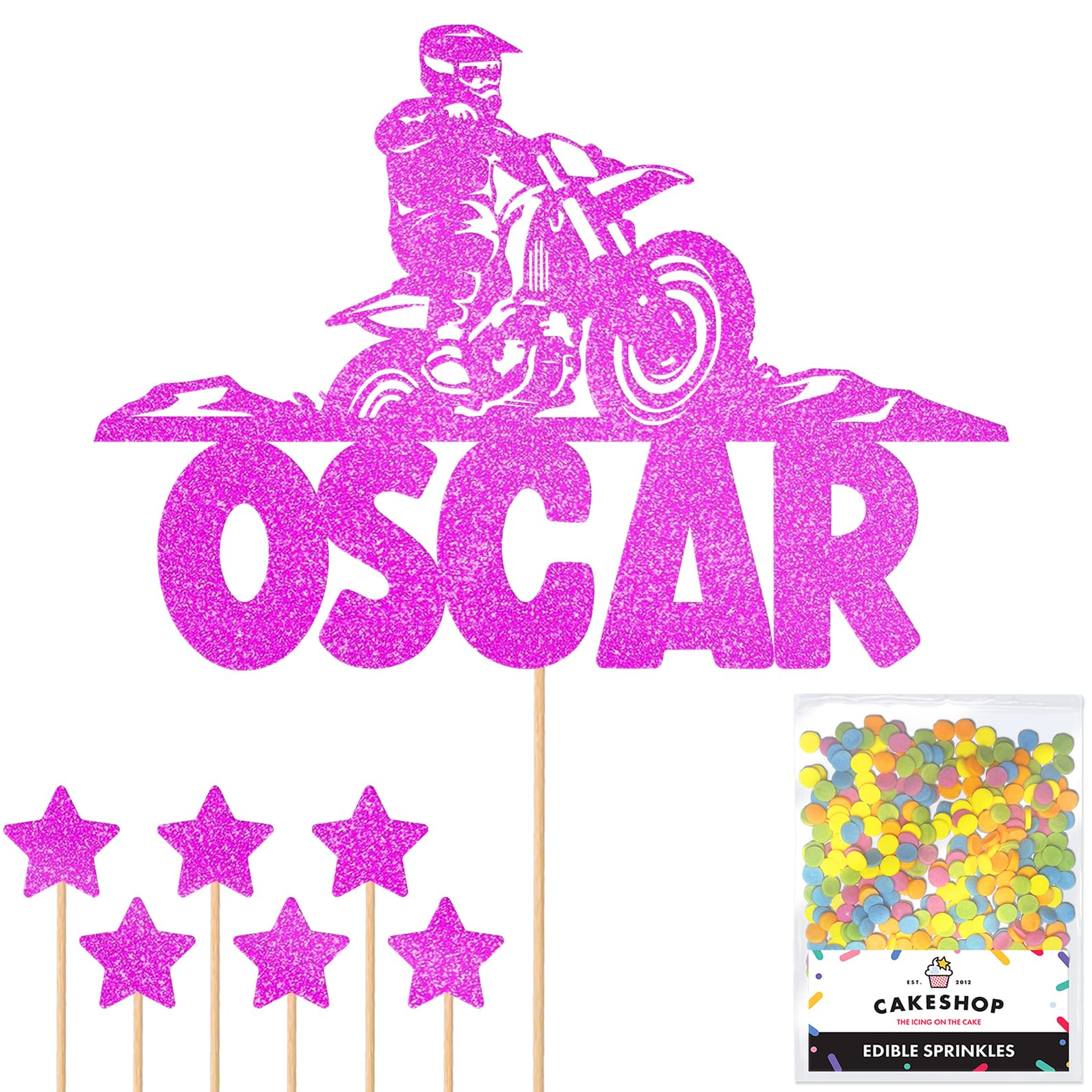 Personalised Dirt Bike Motorbike Racing Glitter Cake Topper - Pink Custom Name Glitter Cake Decoration and Sprinkles - Happy Birthday Decorations - Personalised Toppers for Cakes by Cakeshop