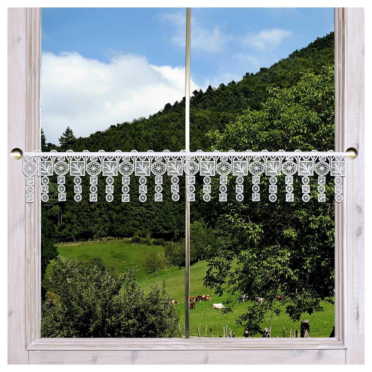 Feenhaus-Scheibengardine Aneta Plauener Spitze Kurzgardine mit Mandalas und Mosaik-Ornamenten in weiß 13 x 96 cm