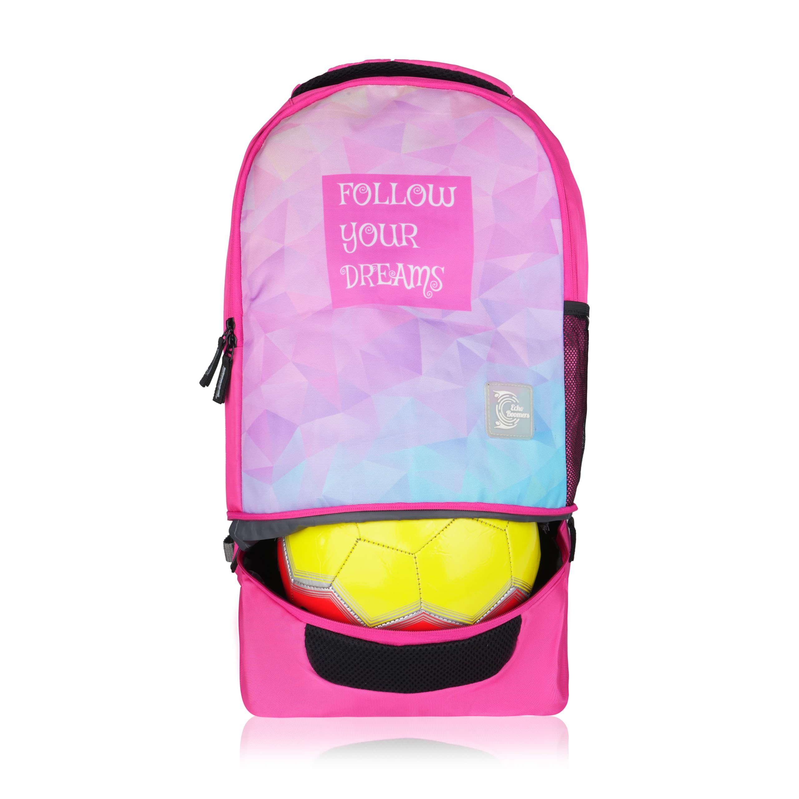 Echo Boomers Follow Your Dreams Sports Backpack with Separate Football Compartment | Student Sports Backpack with Adjustable Straps & Durable Build | Pink 3
