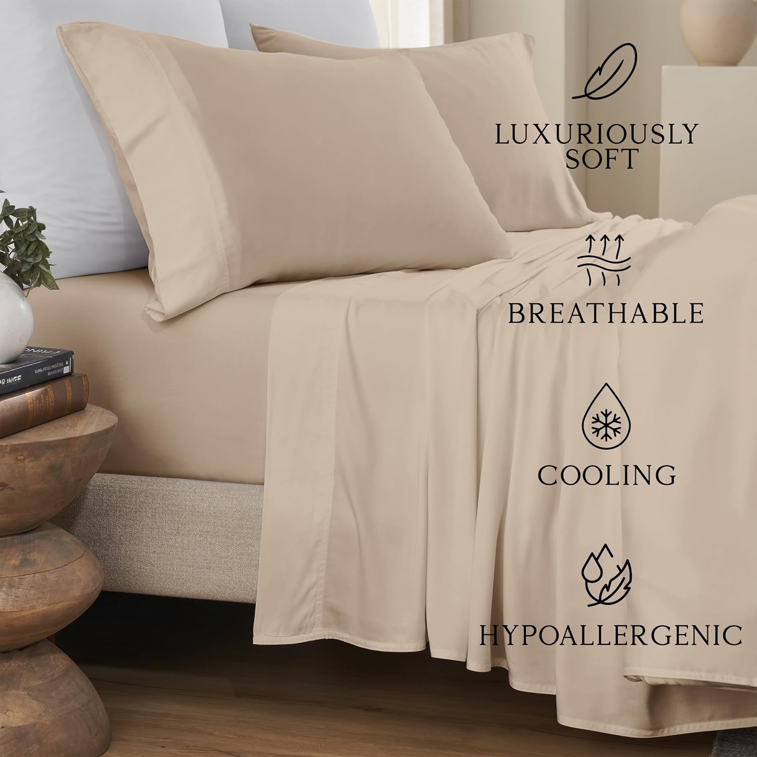 KARISSA MAE Cooling Bamboo Viscose King Size Sheet Set | 100% Organically Grown | 18” Deep Pocket | Silky, Soft, & Hypoallergenic | with Organizer Band & Elastic Corner Straps [Dune] - Image 2