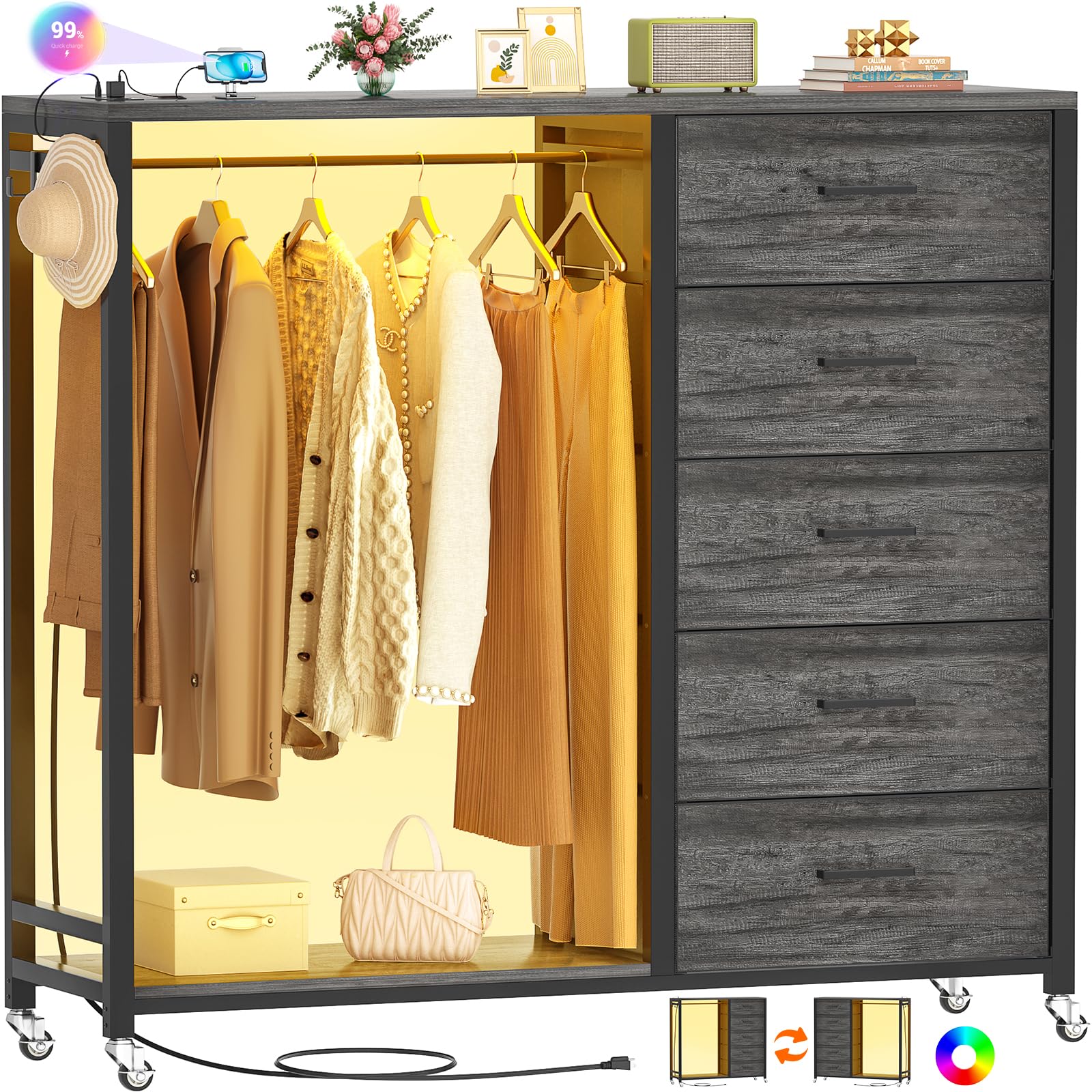 Cyclysio Dresser with Hanging Rack, 5 Fabric Drawers Dresser with Clothes Rack, Wooden Top Storage Chest of Drawers with Charging Station & LED Lights