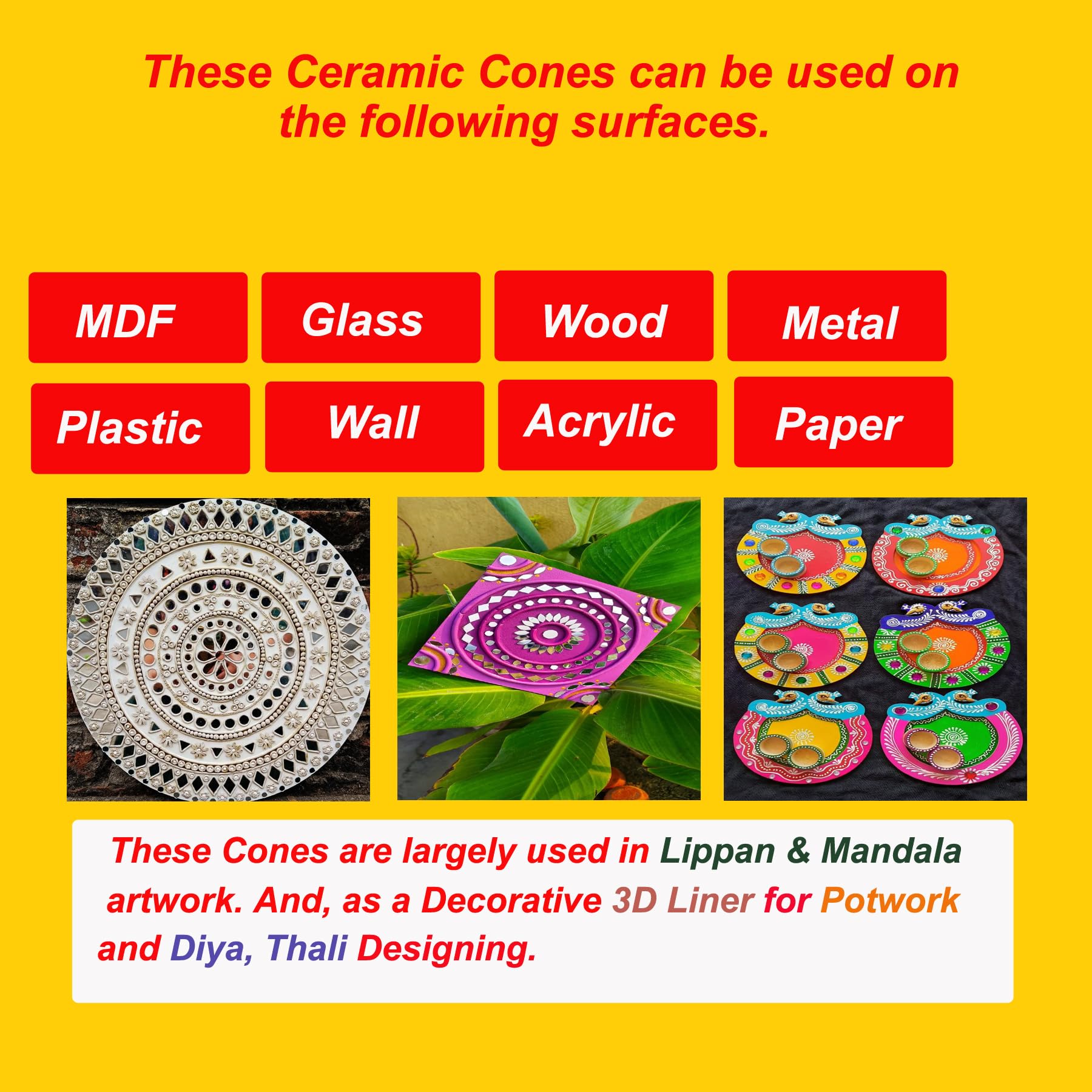 Venuscribe (Pack of 6) Ceramic Cones with 100 Golden Mirrors DIY Art Kit | White Liquid Paste for Lippan, Mandala and Textured Art | Hand-Manufactured Art kit for Traditional Home Décor Projects 2