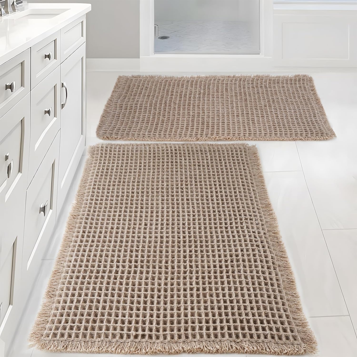 Waffle Bath Mat, 2 Pack 18x30 Brown Bathroom Mat with Super Absorbent, Machine Washable Non-Slip Bathroom Mat Comfortable and Soft