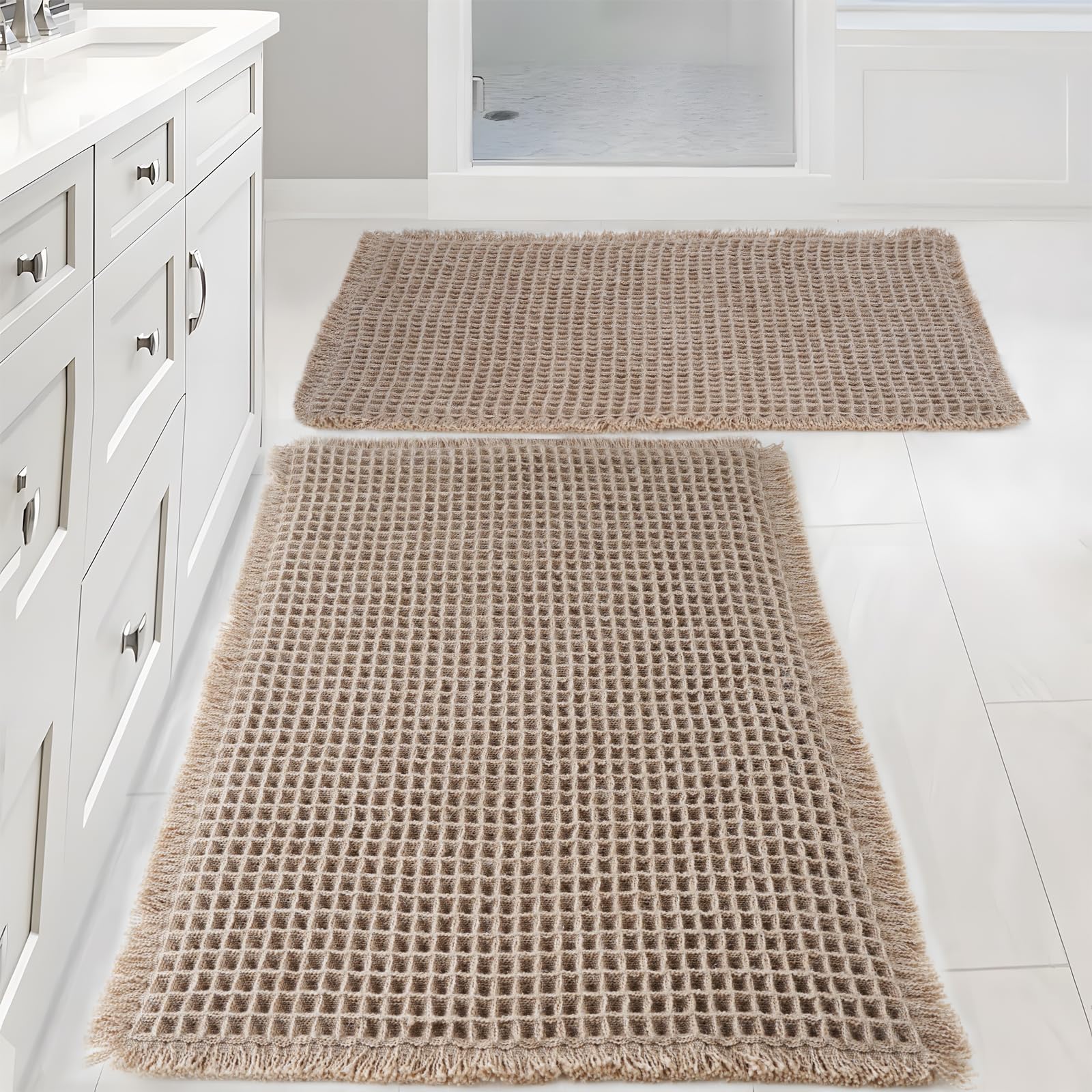 Waffle Bath Mat, 2 Pack Brown Bathroom Mat with Super Absorbent, Machine Washable Non-Slip Bathroom Mat Comfortable and Soft