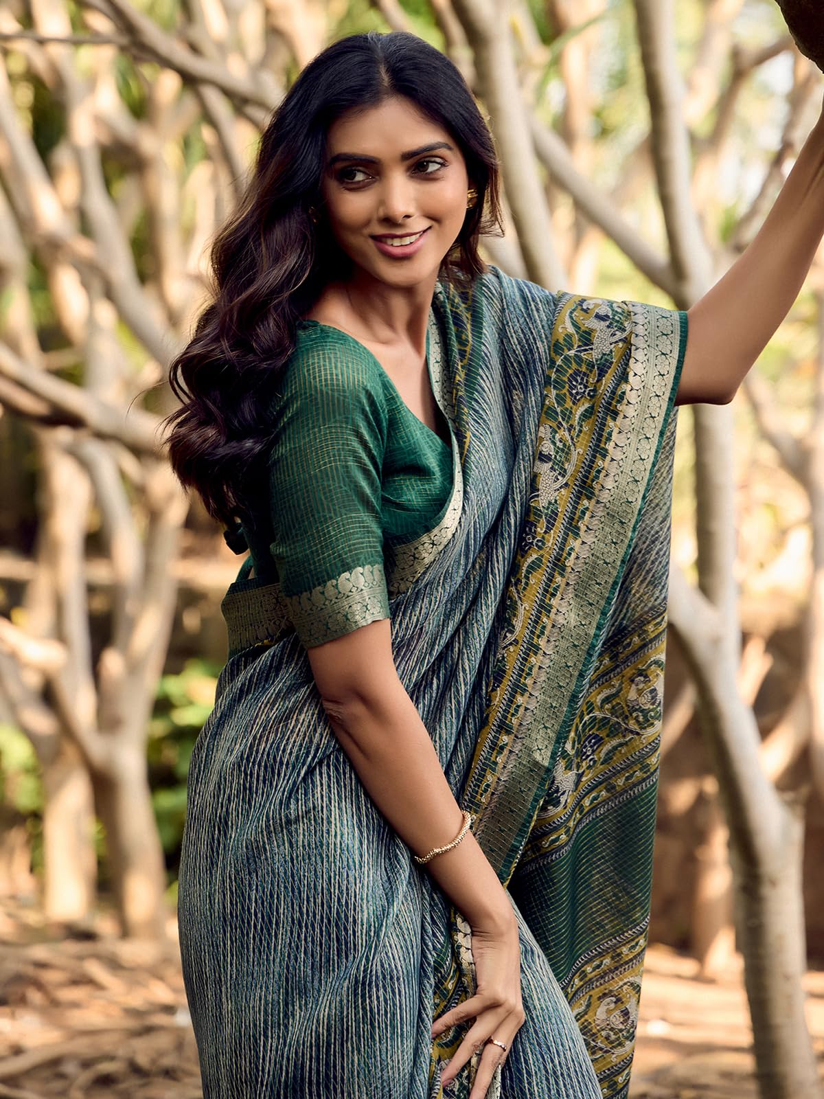 Satrani Women's Cotton Silk Printed Weaving Saree With Unstitched Blouse Piece (4103S873N_Green & Navy Blue & Multi)