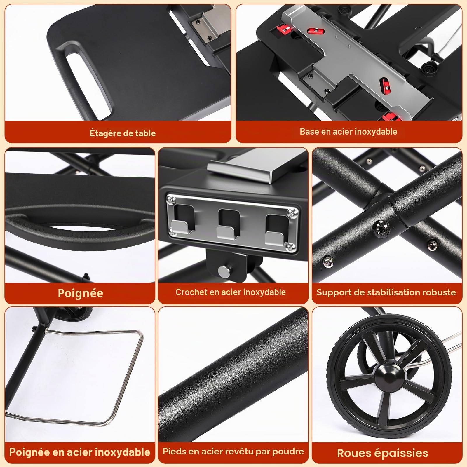 Denmay Chariot de barbecue portable avec roue pour Weber Q1200, Q1000, Q2200, Q2000, pour plaques de barbecue Blackstone 43 cm 56 cm, pliable, support de barbecue pour l'extérieur